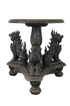Antique Ebony Carved Dragon Pedestal Oriental Plant Stand Figural Lions Asian Fu
