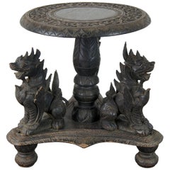 Antique Ebony Carved Dragon Pedestal Oriental Plant Stand Figural Lions Asian Fu