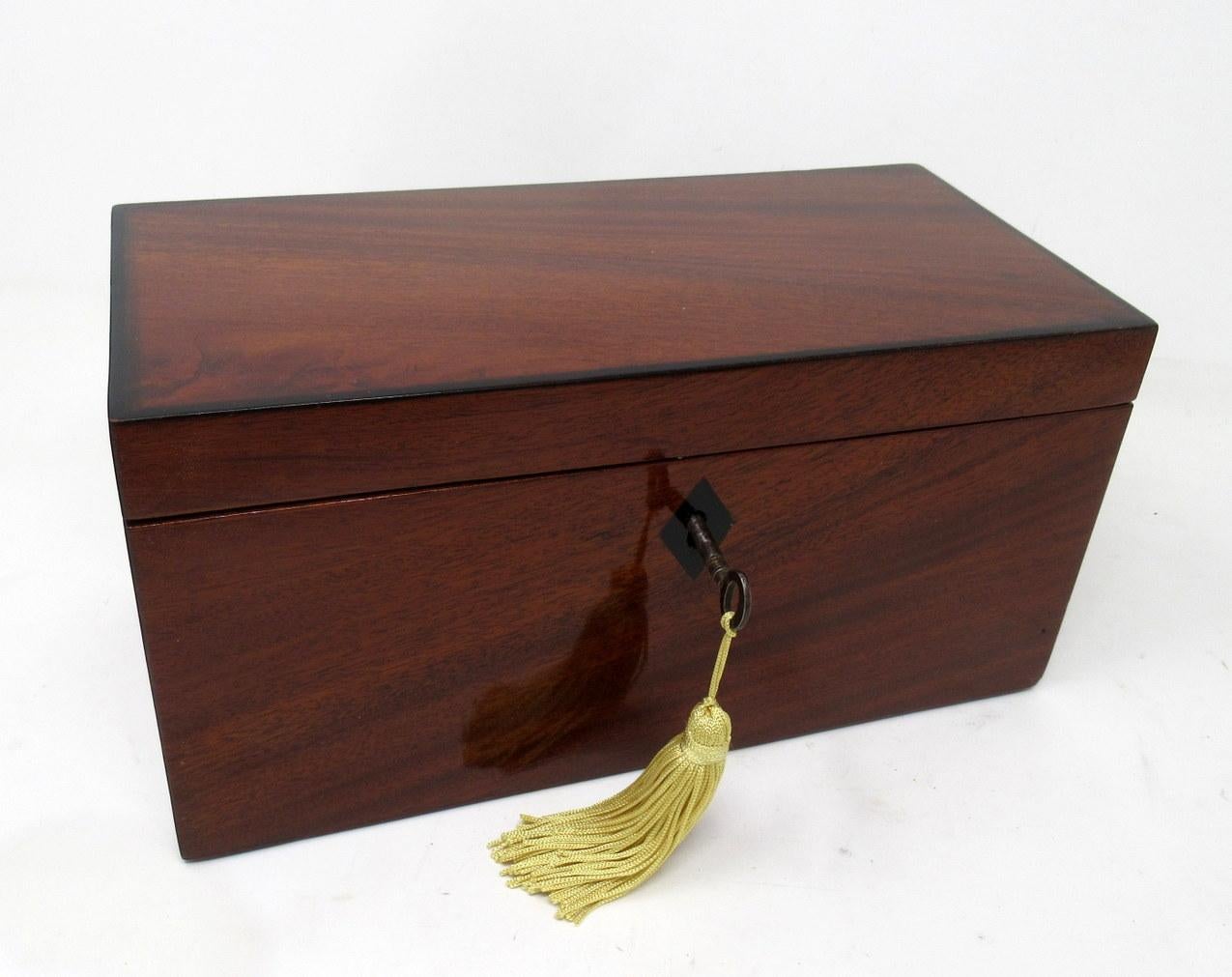 Early Victorian Antique Ebony Inlaid Flame Mahogany English Double Tea Caddy Box Regency