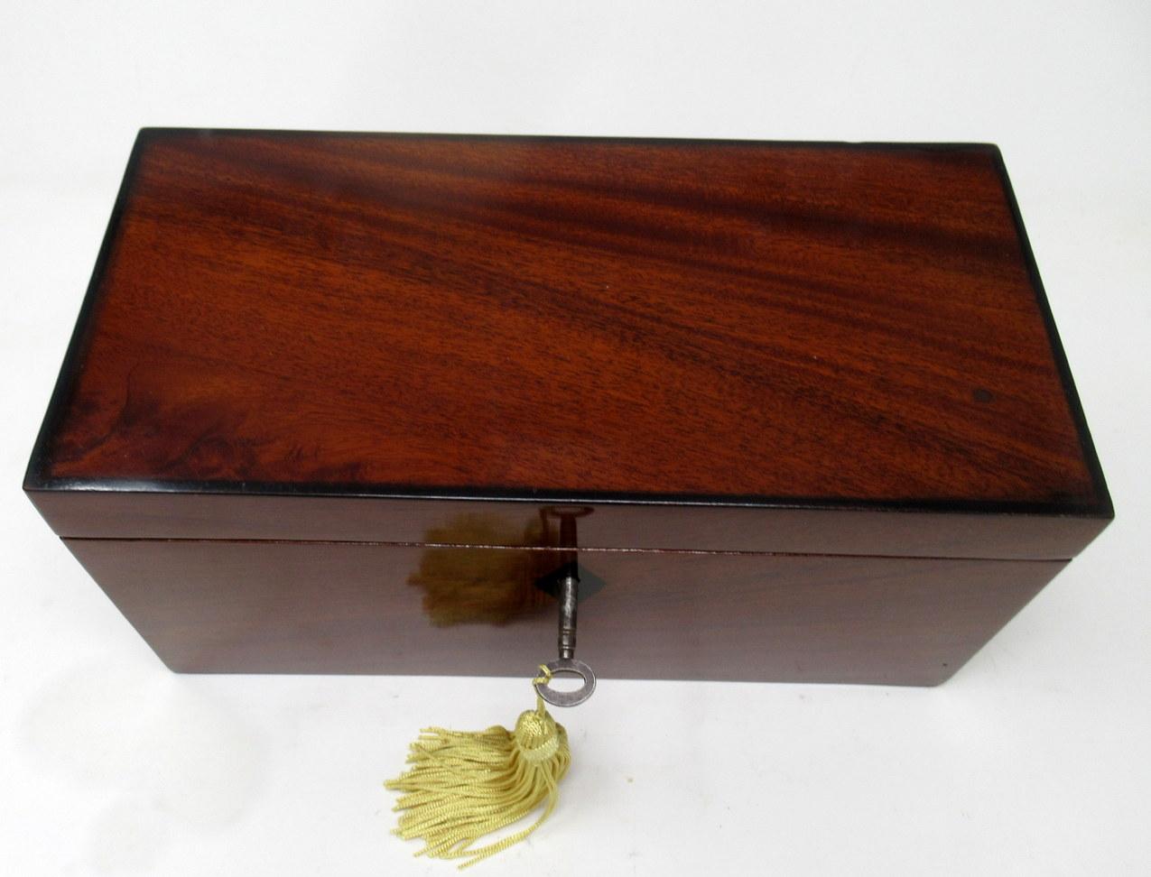 19th Century Antique Ebony Inlaid Flame Mahogany English Double Tea Caddy Box Regency