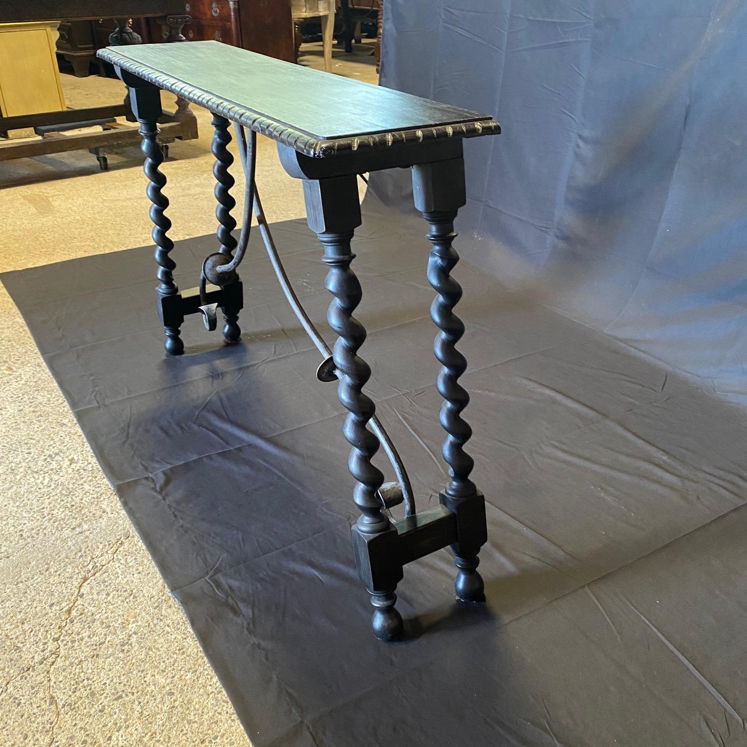 Wrought Iron Antique Ebony Renaissance Style Barley Twist Console Table For Sale