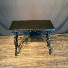 Antique Ebony Spanish Console Table with Curved Wrought Iron Stretchers
