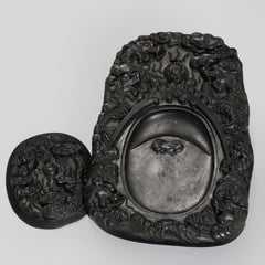 Antique Ebony Stone Chinese Carved Covered Censer with Dragons, 20th Century