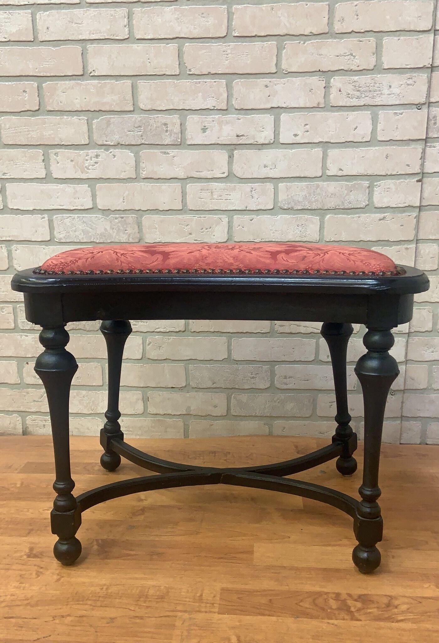 Antique Ebony Stool Bench with Nail Head Finish In Good Condition For Sale In Chicago, IL