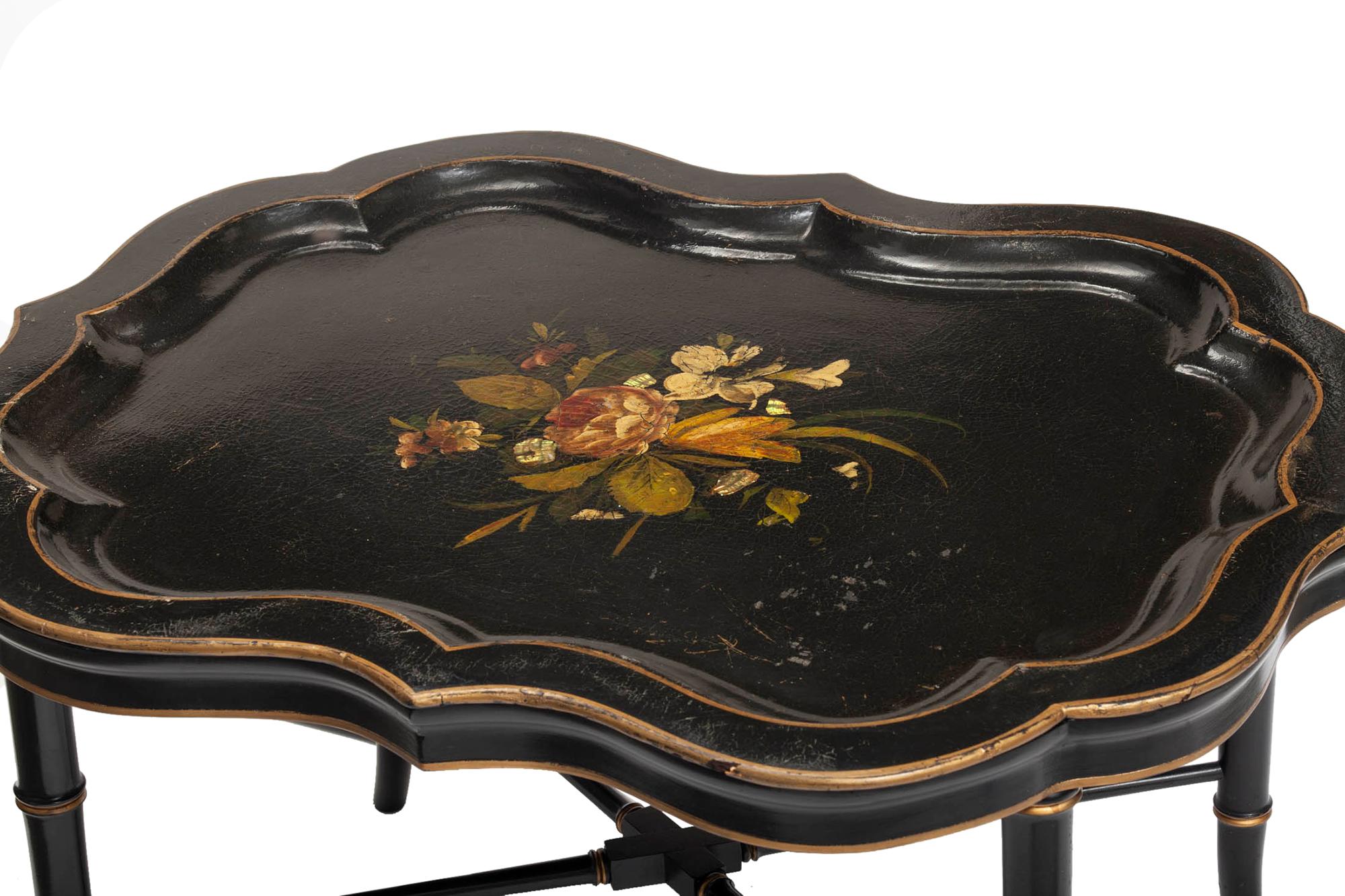 Antique Ebony Tray Table with Glass Top- 3 Pieces For Sale 4