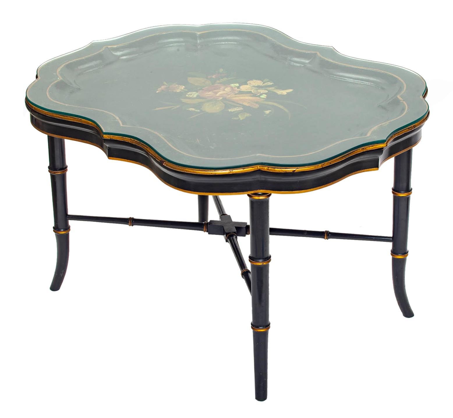 Antique Ebony Tray Table with Glass Top- 3 Pieces For Sale 6
