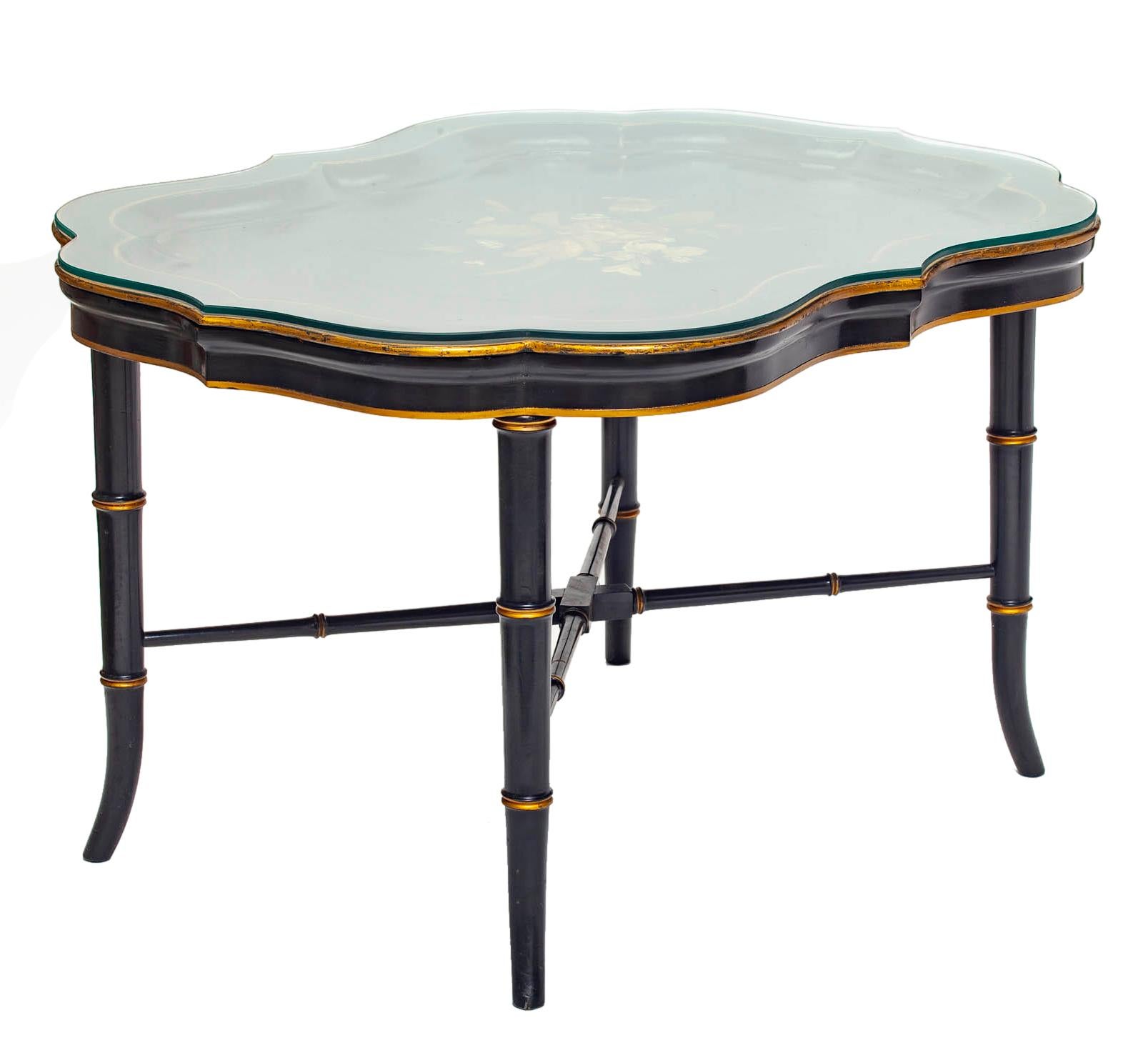 French Antique Ebony Tray Table with Glass Top- 3 Pieces For Sale