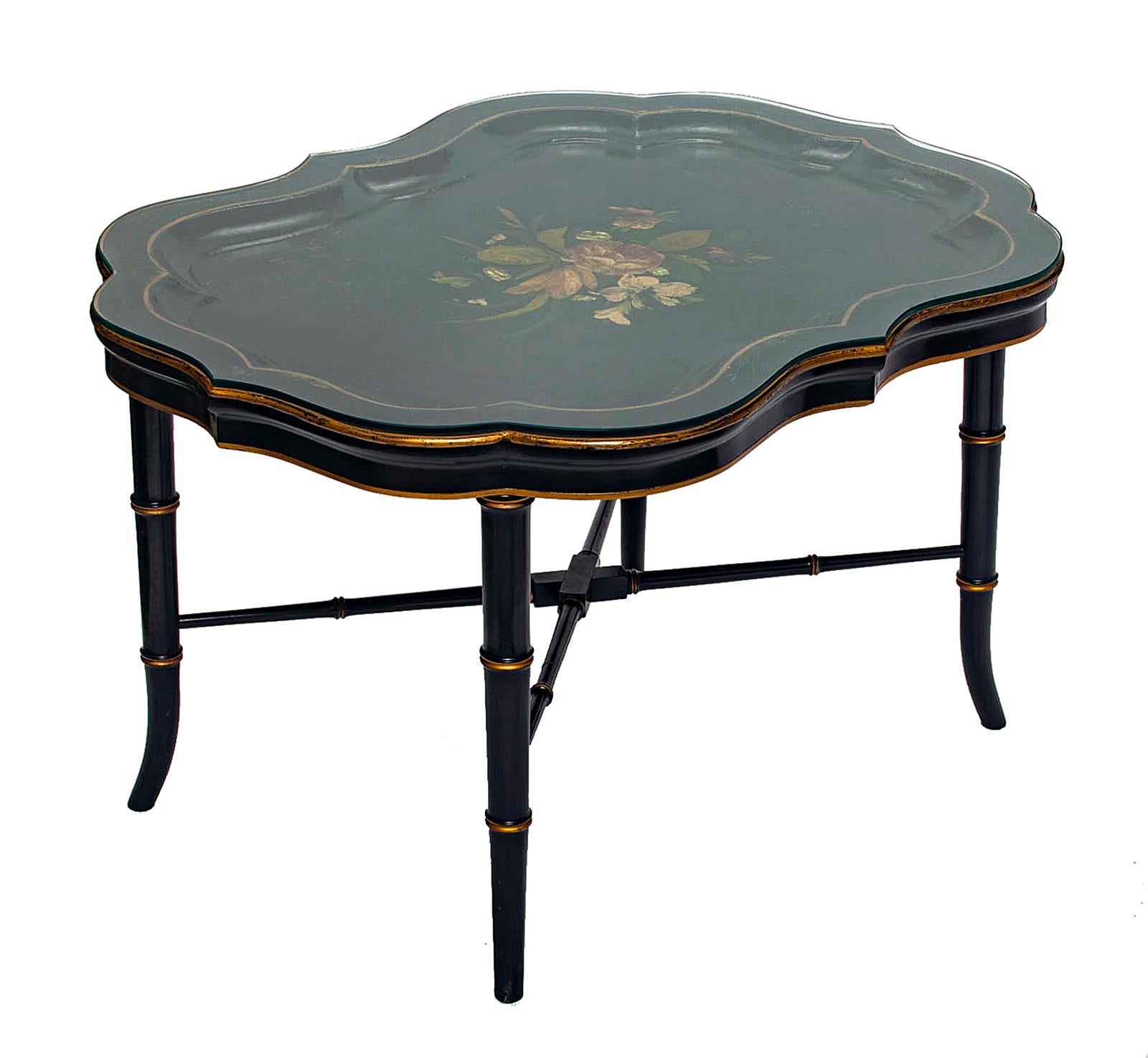 Antique Ebony Tray Table with Glass Top- 3 Pieces In Good Condition For Sale In Malibu, CA