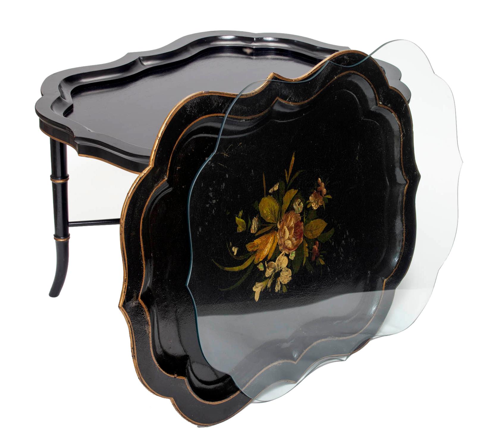 20th Century Antique Ebony Tray Table with Glass Top- 3 Pieces For Sale