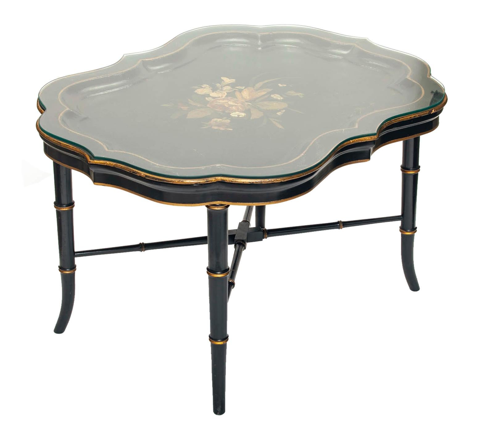 Antique Ebony Tray Table with Glass Top- 3 Pieces For Sale 2