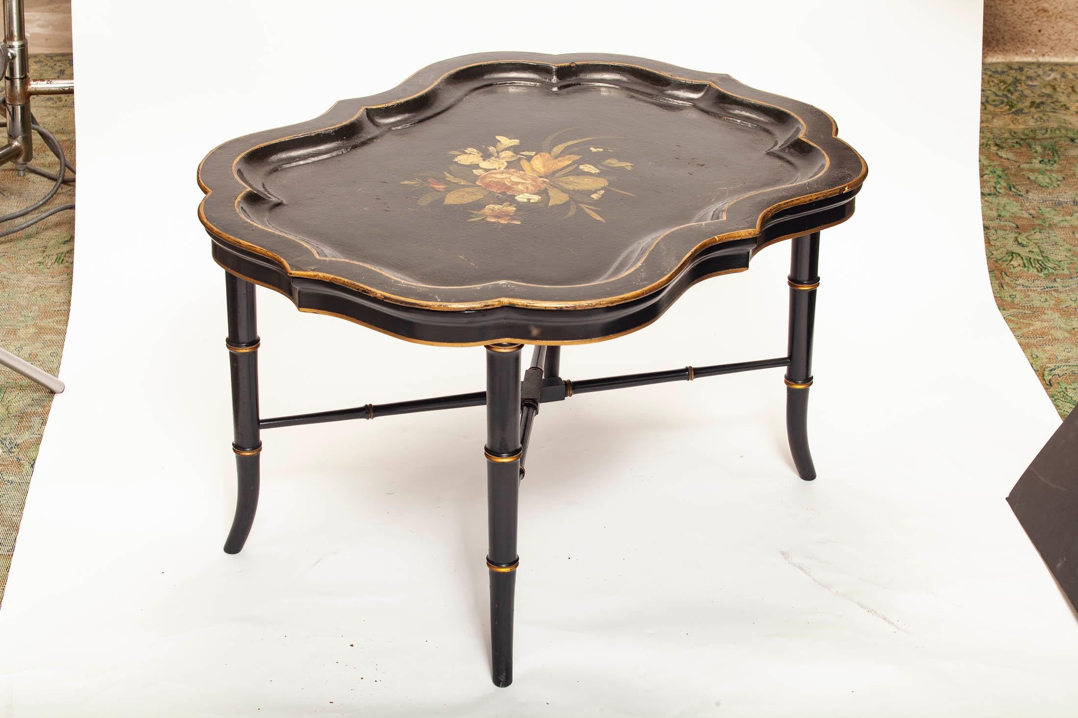 Antique Ebony Tray Table with Glass Top- 3 Pieces For Sale 3