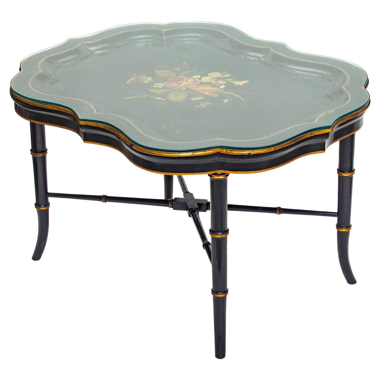 French Provincial Antique Ebony Tray Table with Glass Top- 3 Pieces For Sale