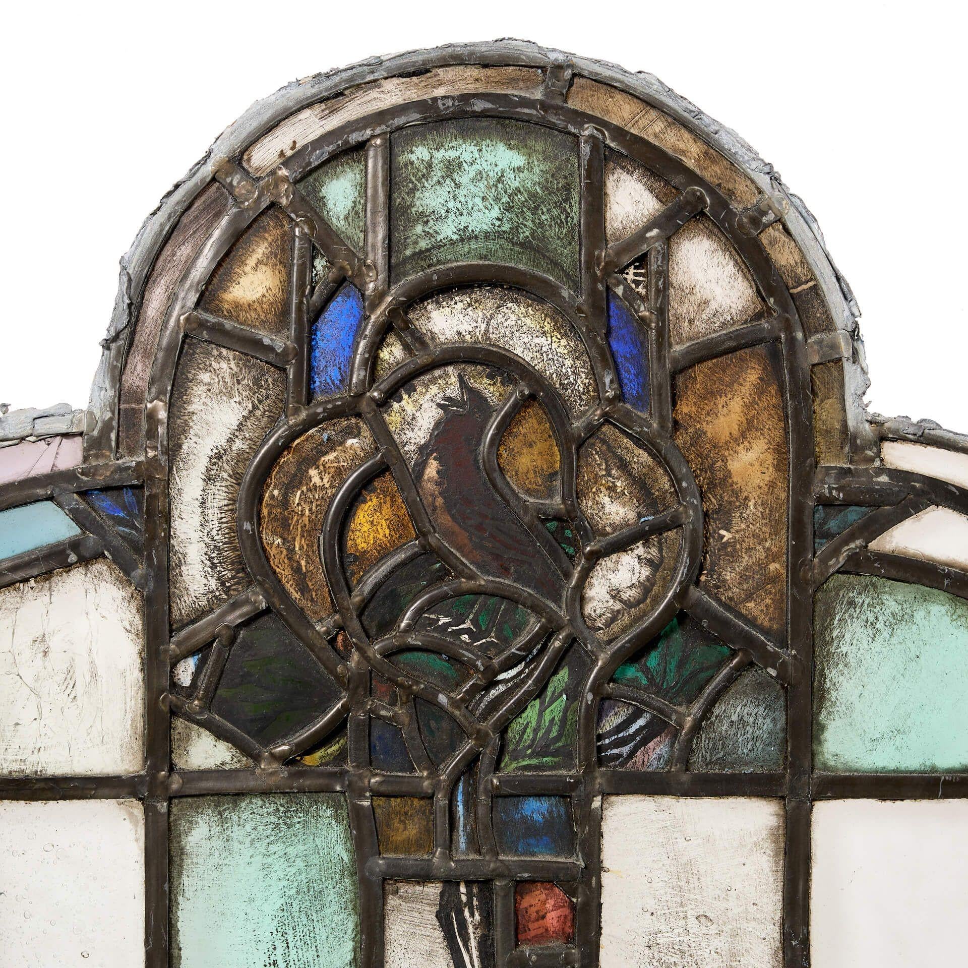 Arts and Crafts Antique Ecclesiastical 20th Century Arched Stained Glass Panel For Sale
