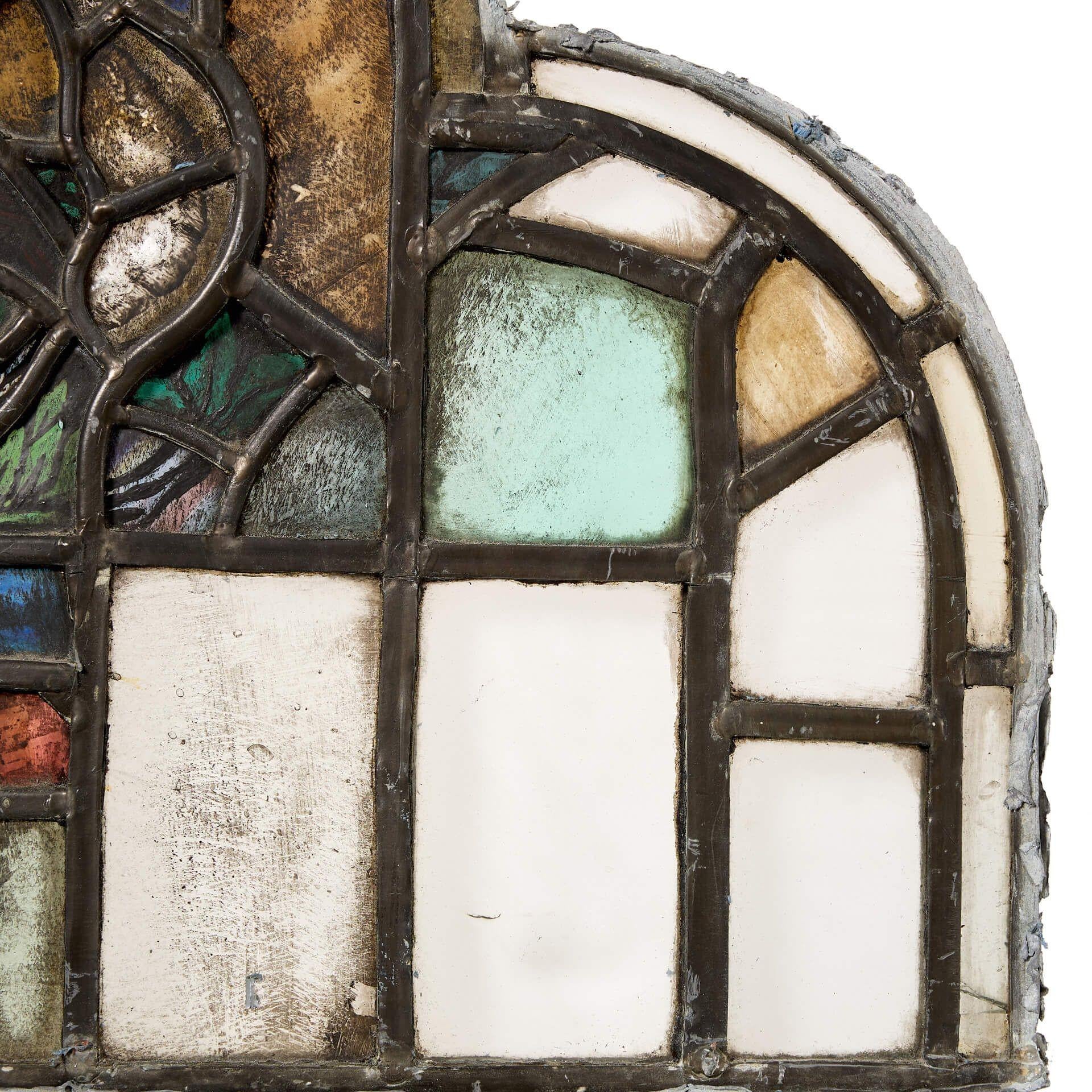 English Antique Ecclesiastical 20th Century Arched Stained Glass Panel For Sale