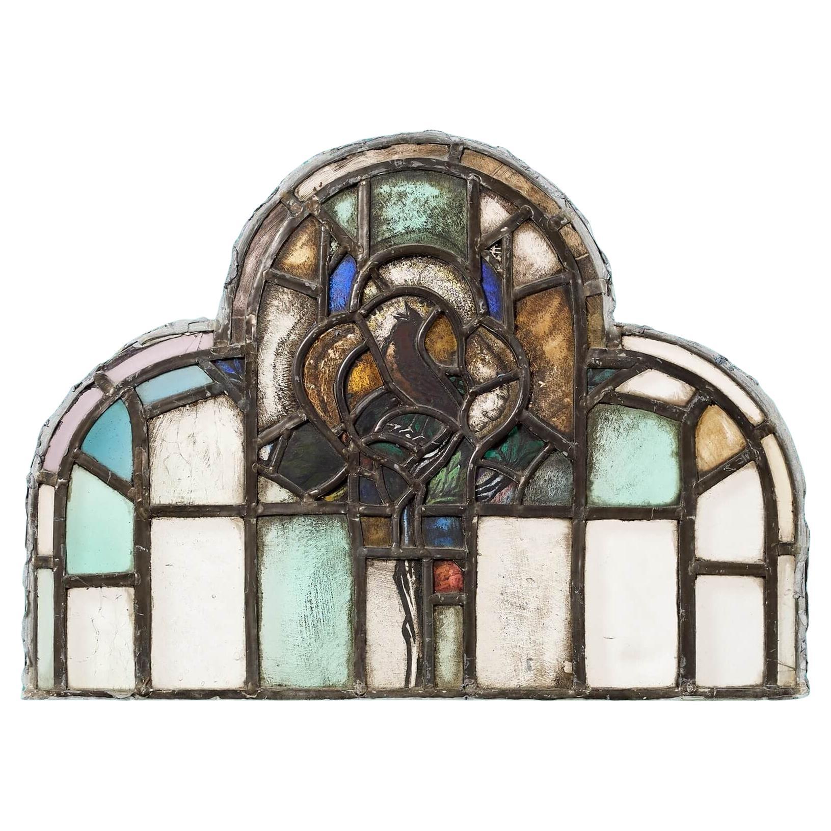 Antico pannello ecclesiastico in vetro colorato ad arco del XX secolo