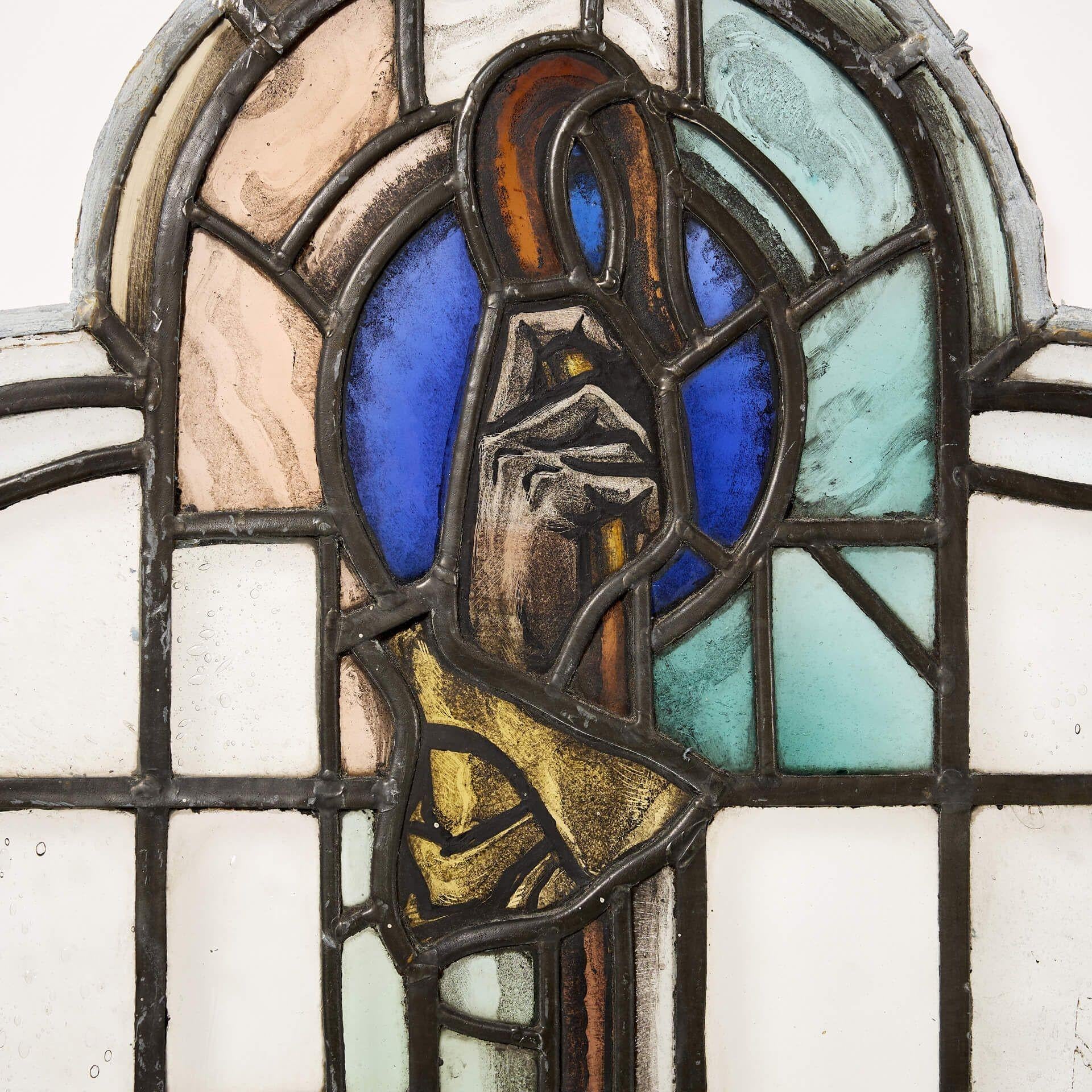 Arts and Crafts Antique Ecclesiastical Arched Stained Glass Panel For Sale