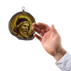 Antique Ecclesiastical Painted Glass Window Hanging of a Saint