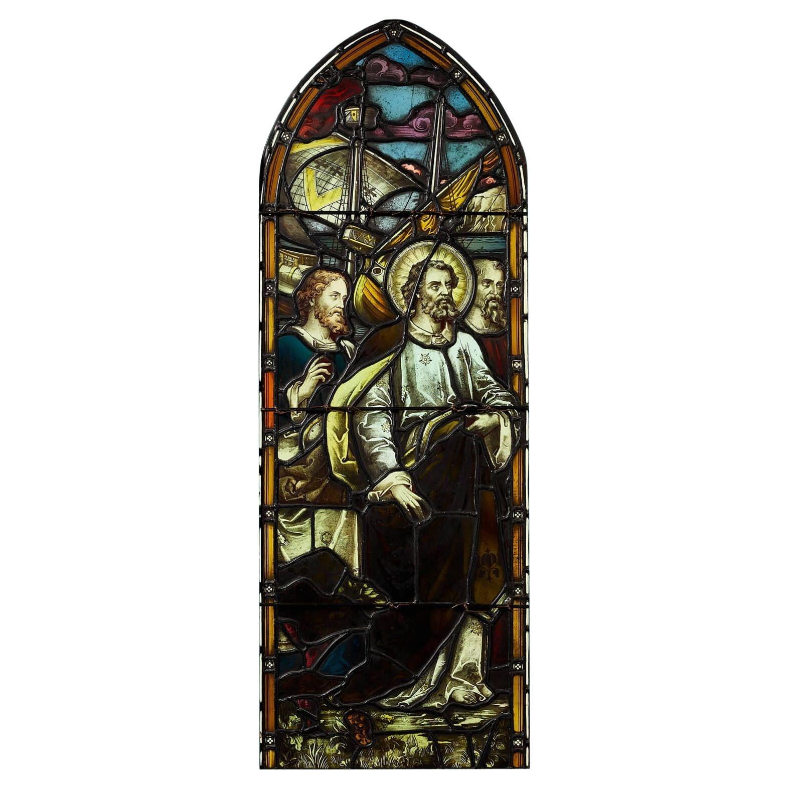 Antique panneau de vitrail ecclésiastique représentant une scène biblique