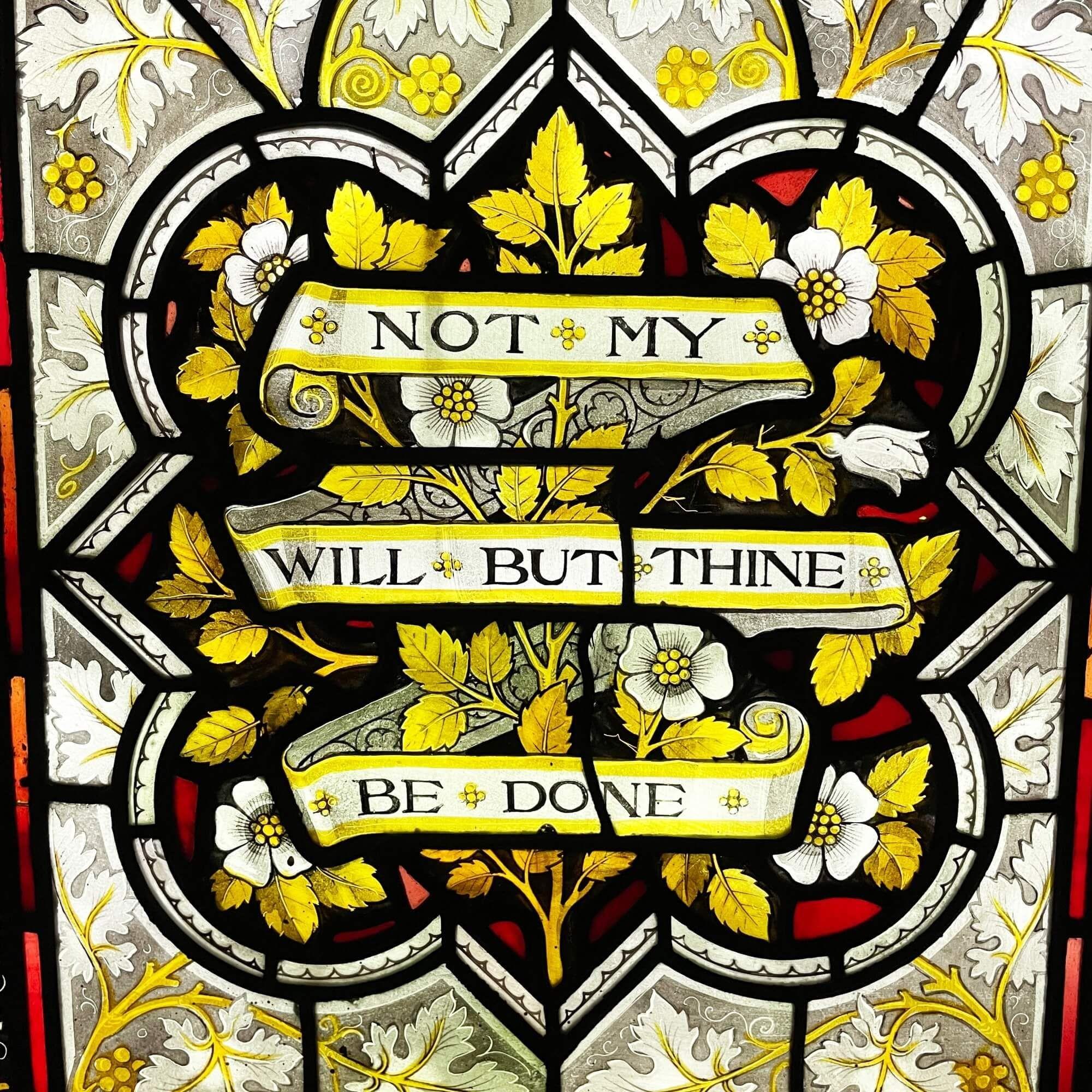 English Antique Ecclesiastical Stained Glass with Religious Quote For Sale