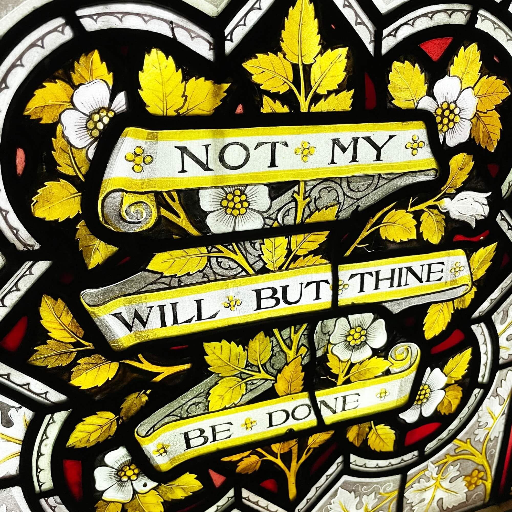 Antique Ecclesiastical Stained Glass with Religious Quote In Fair Condition For Sale In Wormelow, Herefordshire