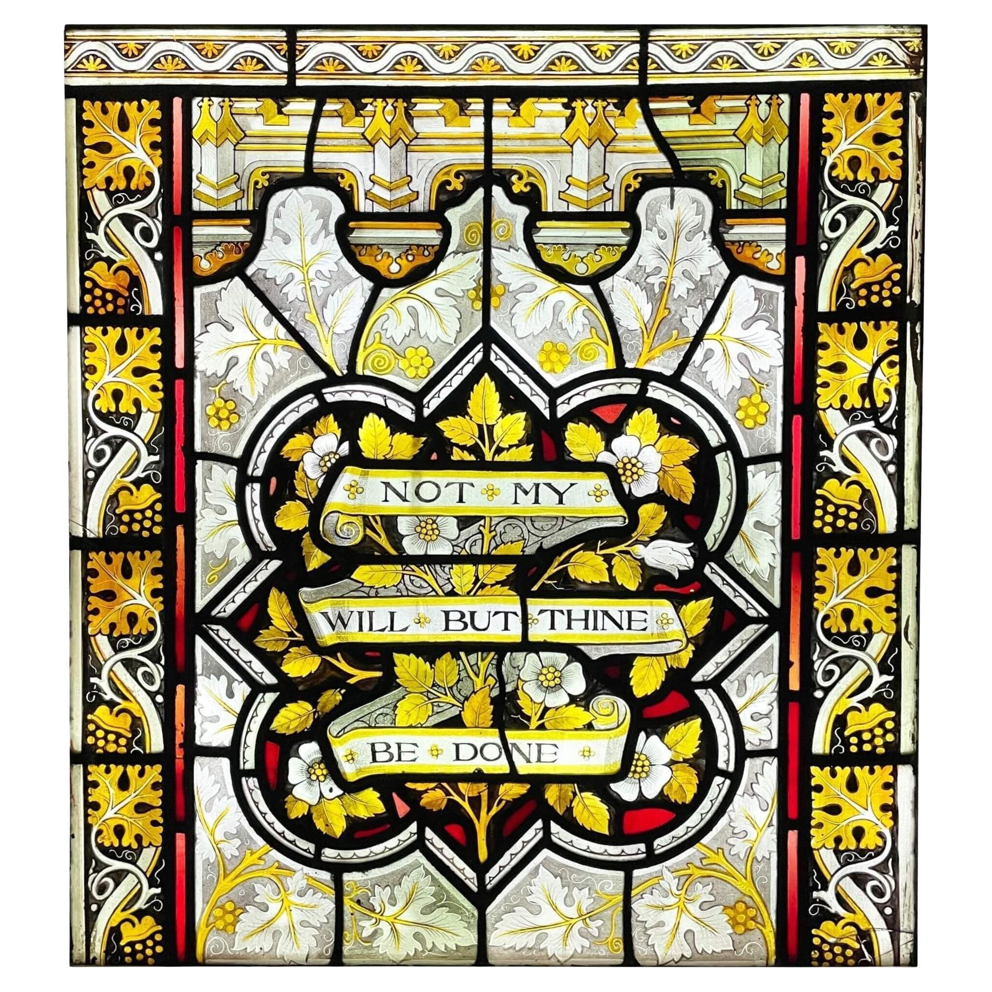 Antique Ecclesiastical Stained Glass with Religious Quote