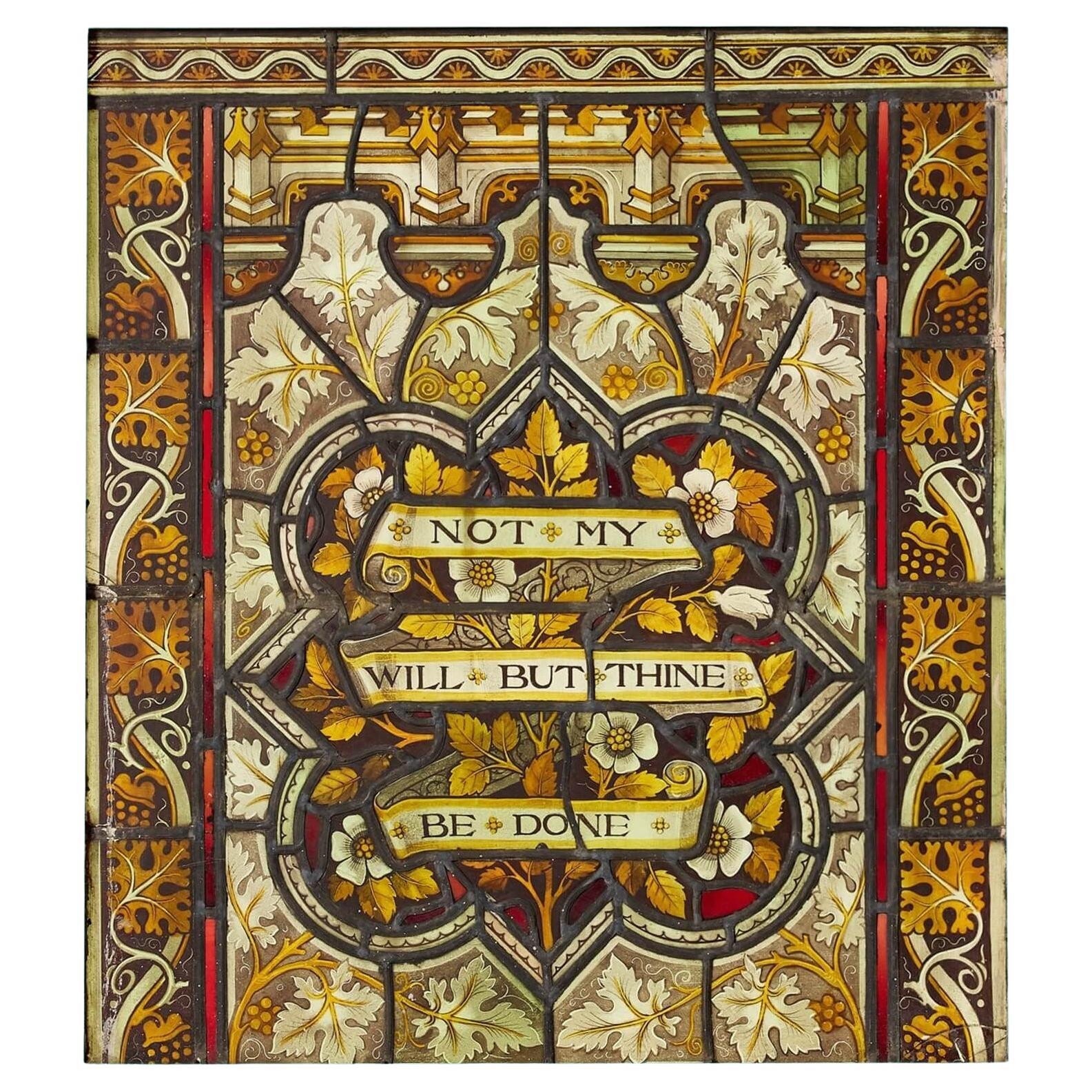 Antique Ecclesiastical Stained Glass with Religious Quote