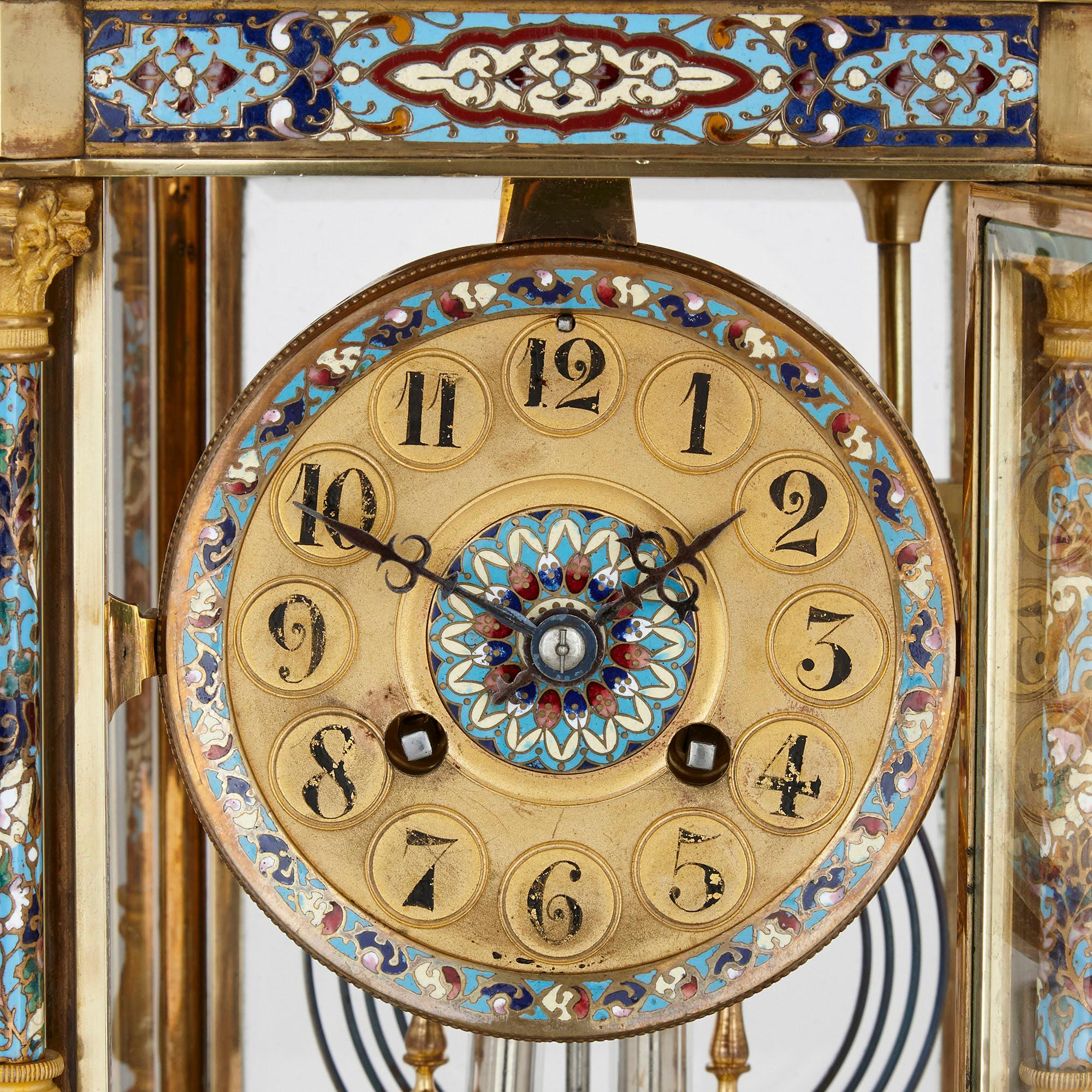 Neoclassical Antique Eclectic Style Gilt Bronze, Brass and Champlevé Enamel Mantel Clock