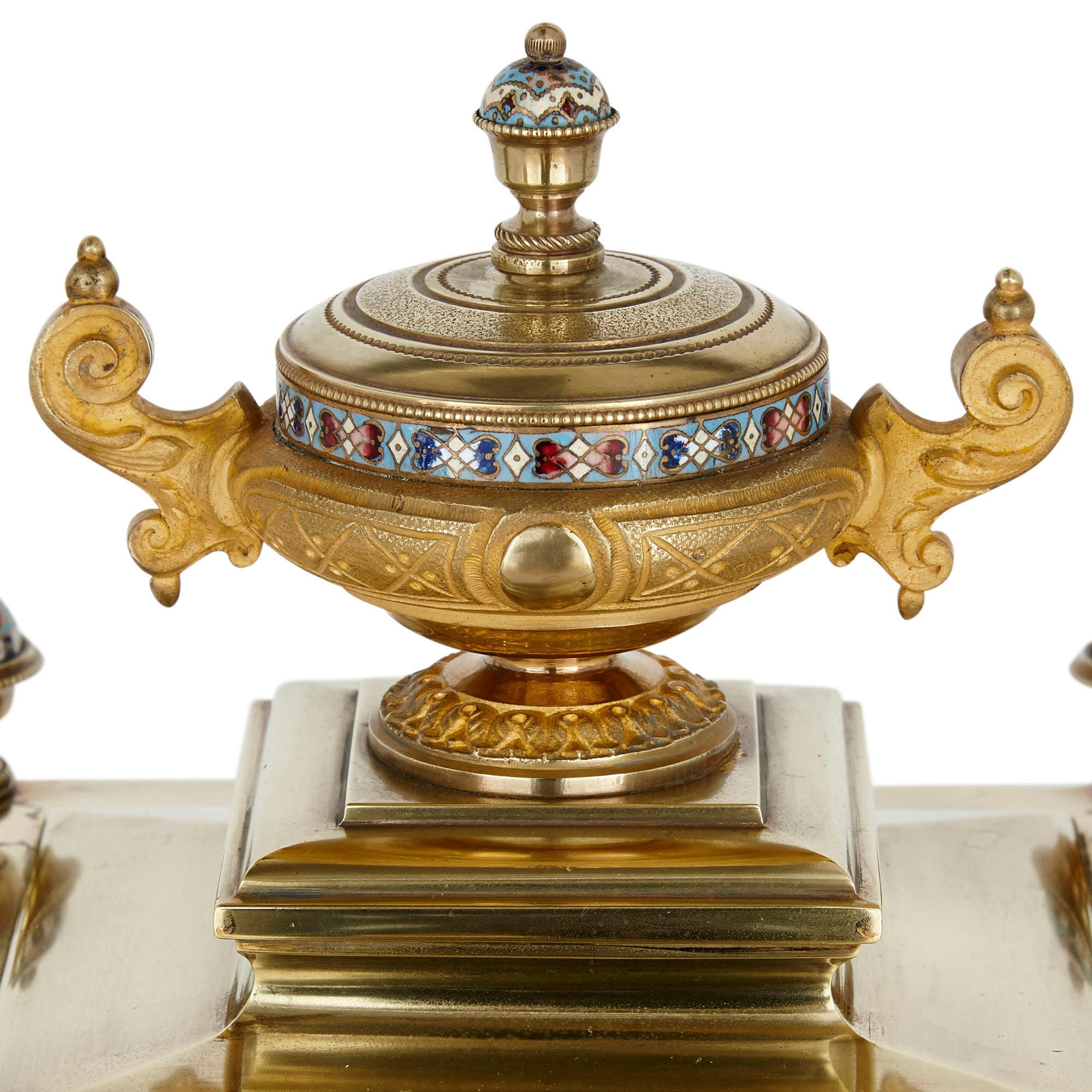French Antique Eclectic Style Gilt Bronze, Brass and Champlevé Enamel Mantel Clock