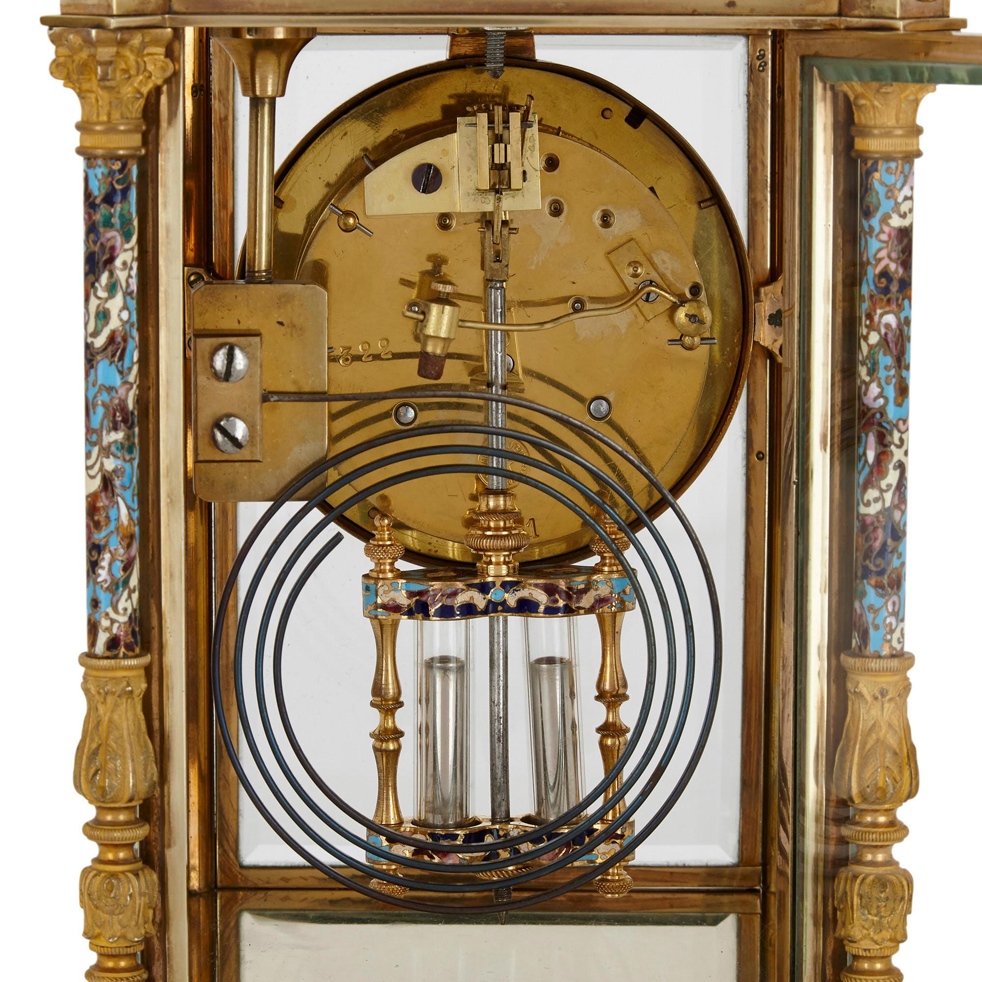 Beveled Antique Eclectic Style Gilt Bronze, Brass and Champlevé Enamel Mantel Clock