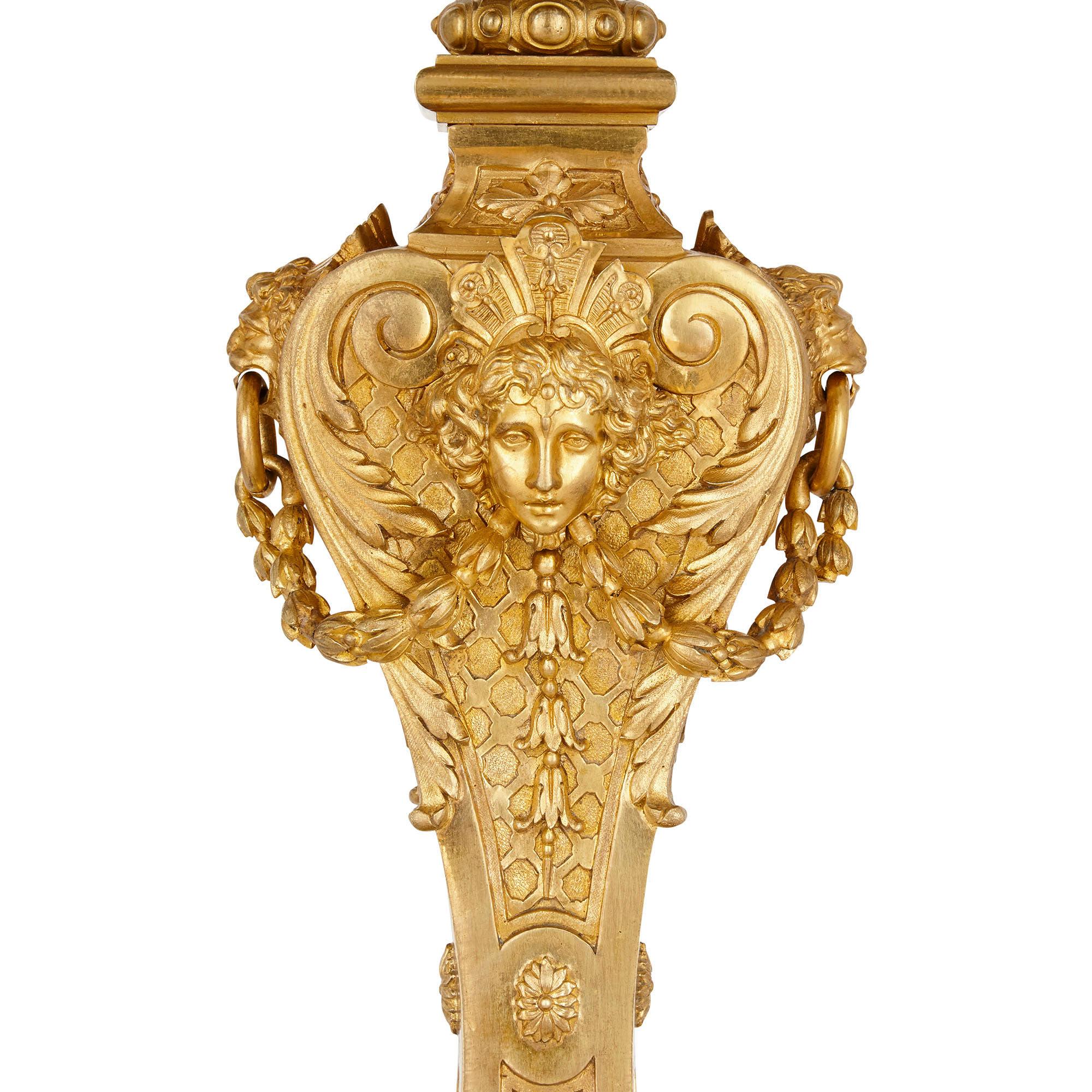 Ormolu Antique Eclectic Style Gilt Bronze Clock Set by Henri Picard and Denière et Fils For Sale