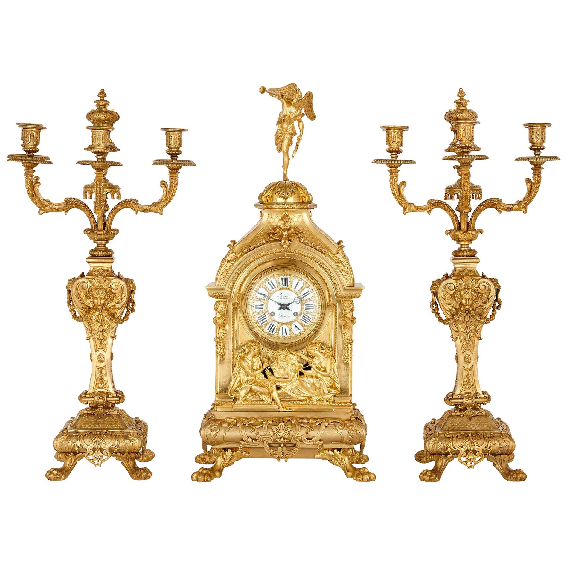 Antique Eclectic Style Gilt Bronze Clock Set by Henri Picard and Denière et Fils For Sale