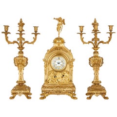 Antique Eclectic Style Gilt Bronze Clock Set by Henri Picard and Denière et Fils