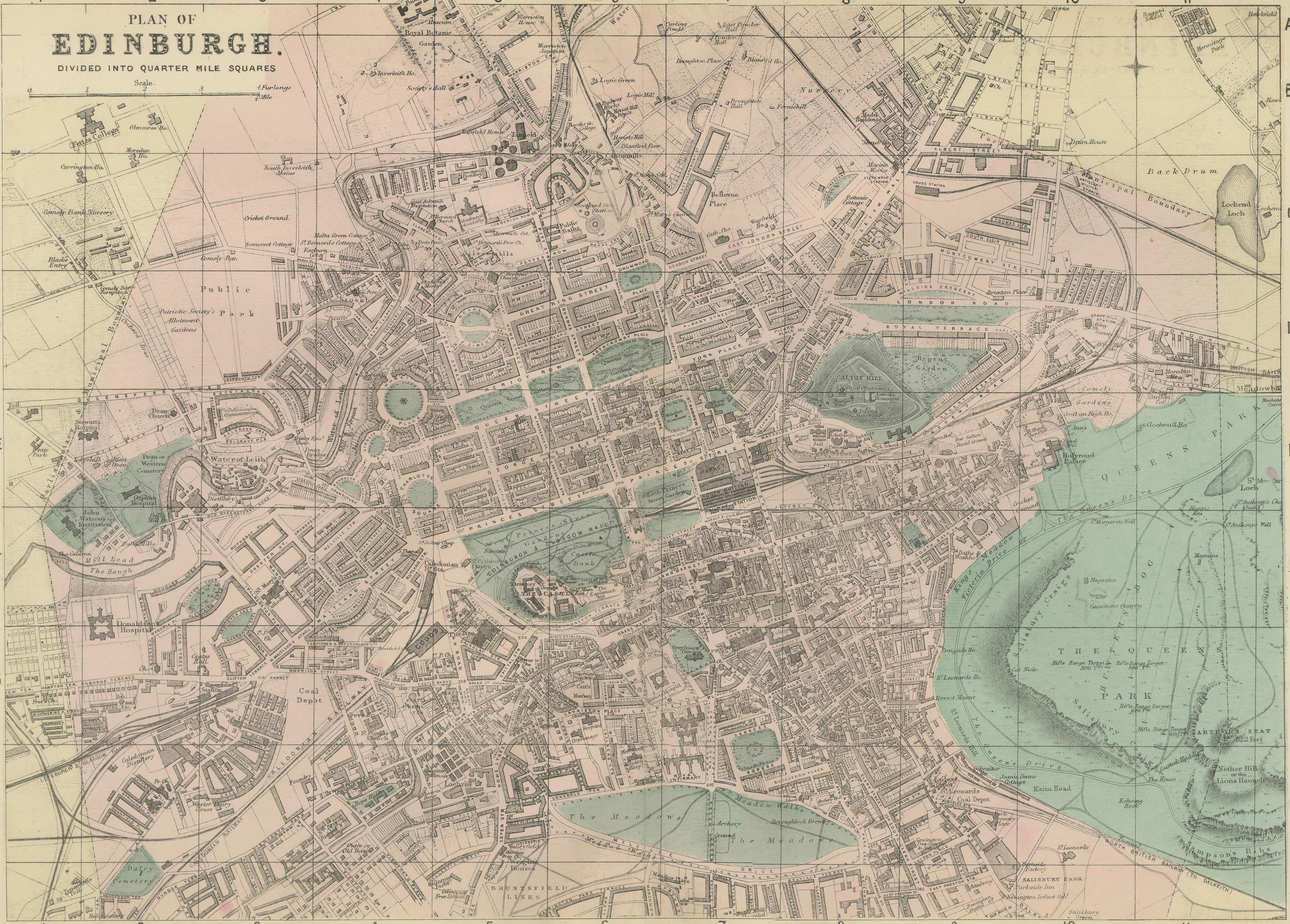 Antique Edinburgh City Map 1885, Victorian Ordnance Atlas Plan by G.W. Bacon