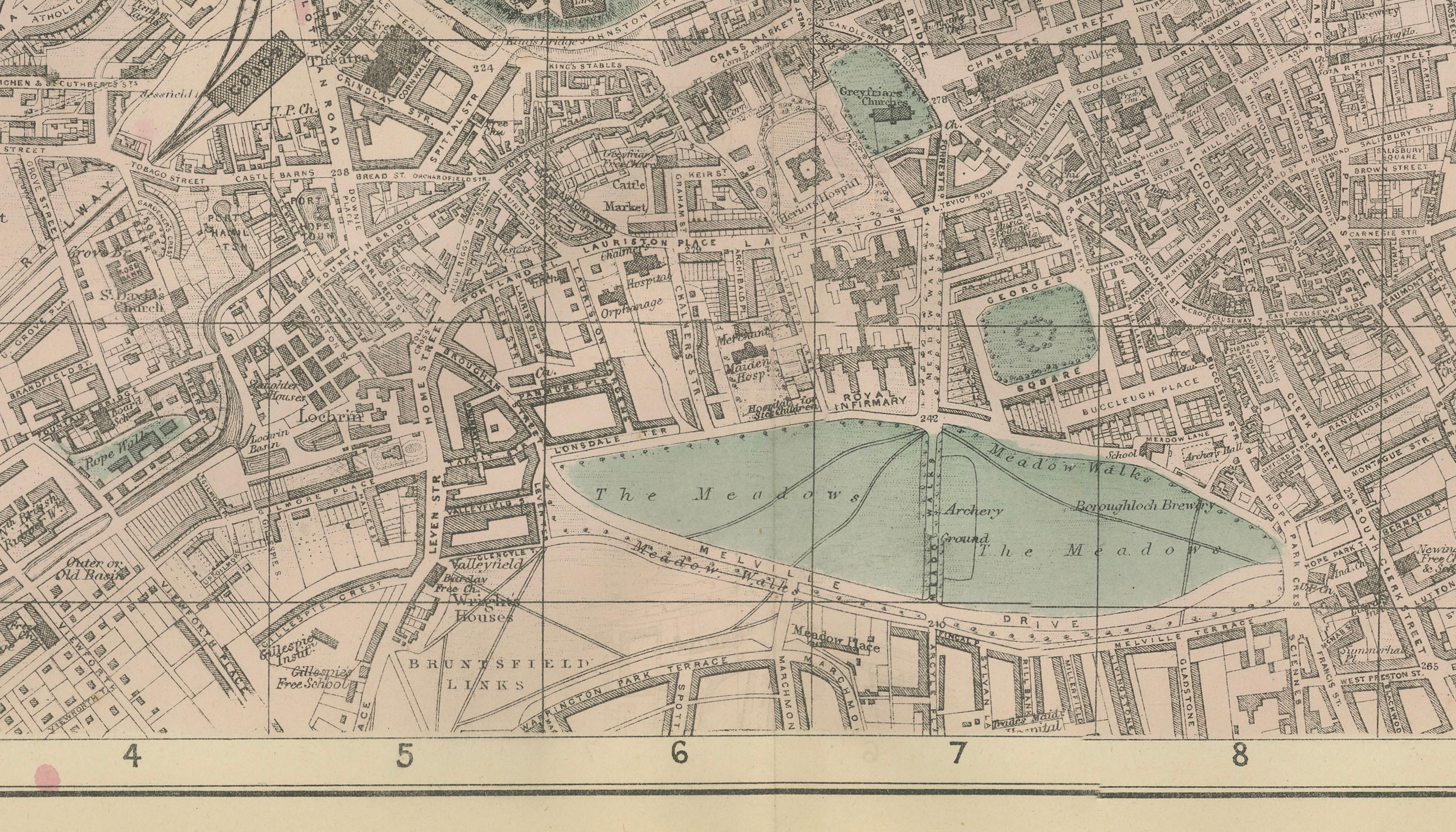 Antique Edinburgh City Map 1885, Victorian Ordnance Atlas Plan by G.W. Bacon