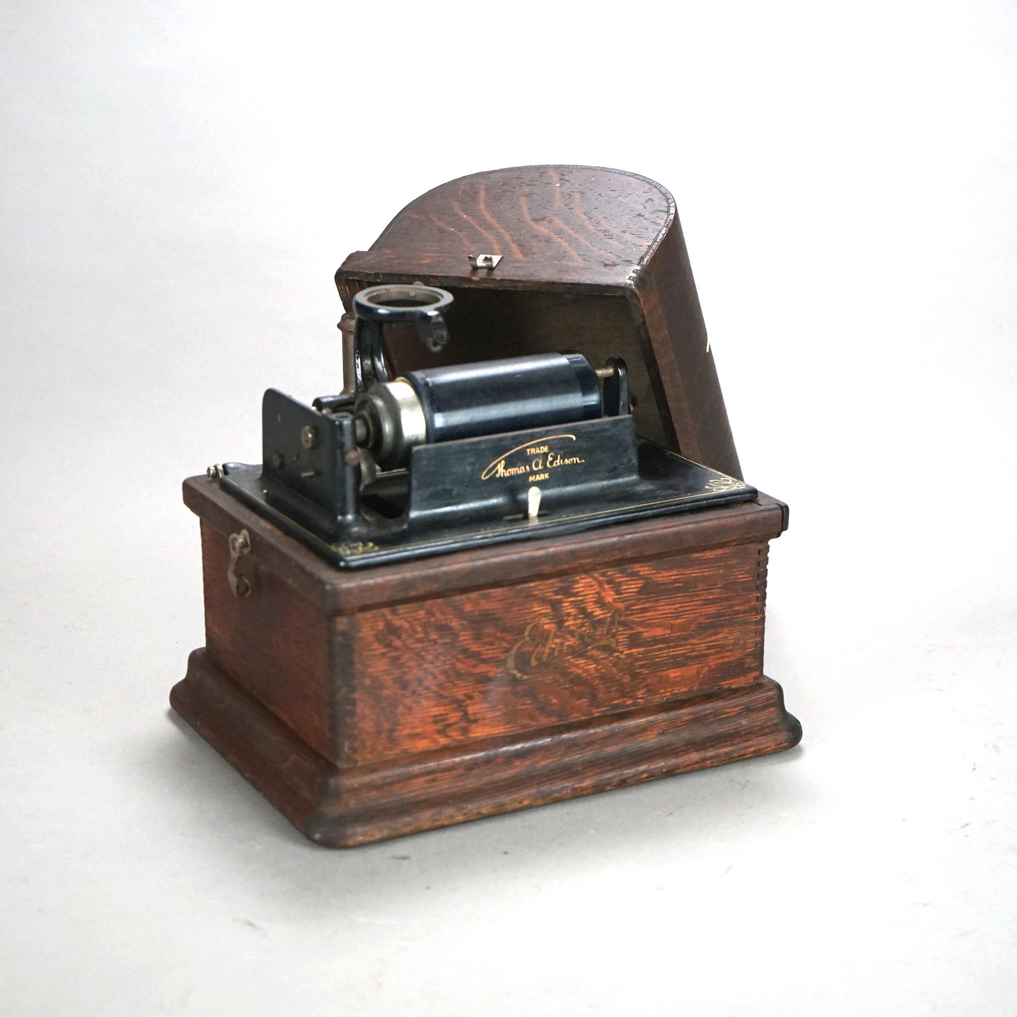 20th Century Antique Edison Cylinder Fireside Model Oak Phonograph C1900