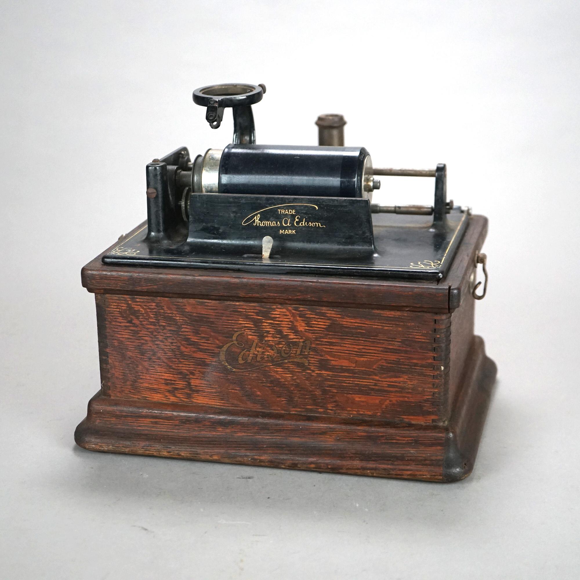 Antique Edison Cylinder Fireside Model Oak Phonograph C1900 1