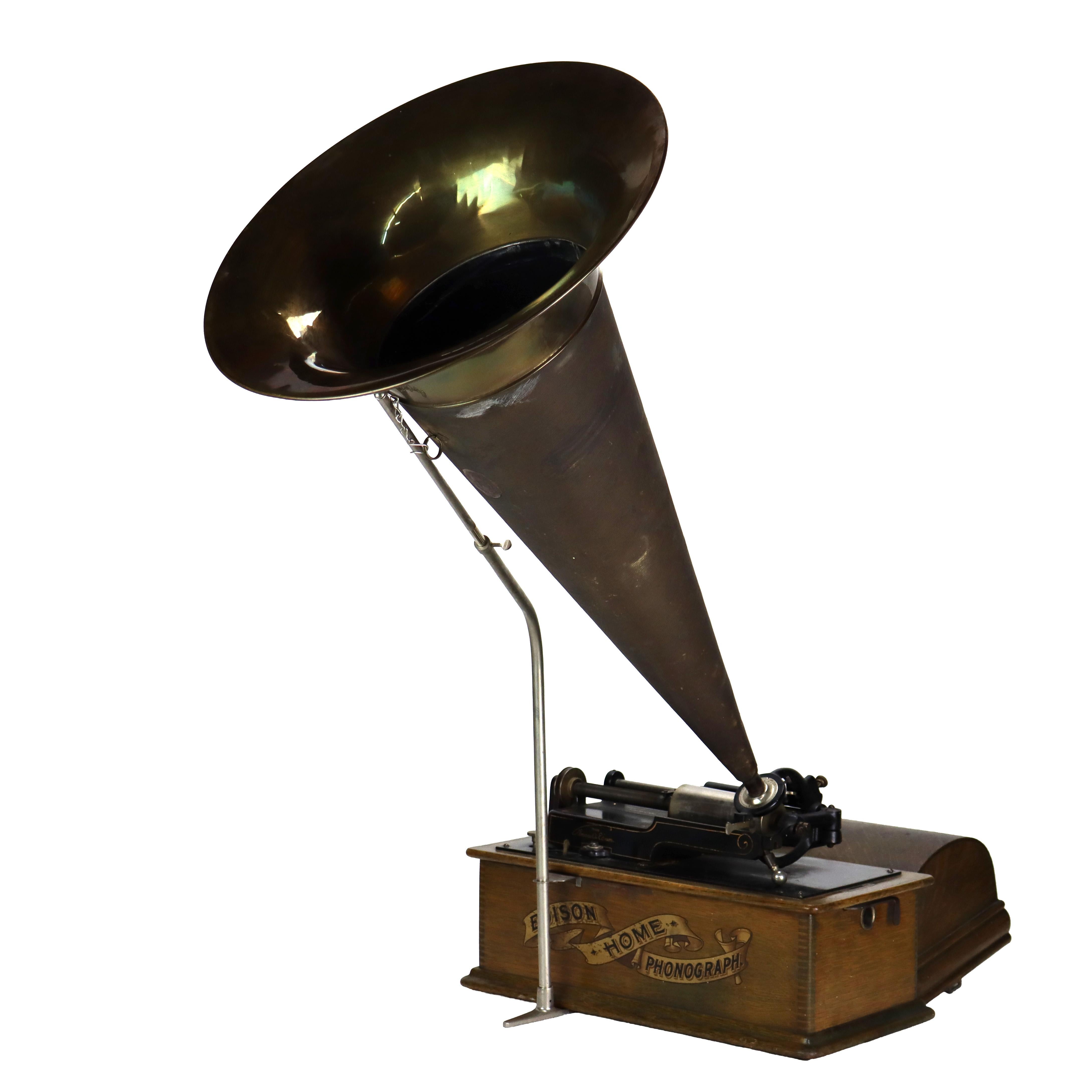 Antique Edison Home Oak Phonograph With Metal Horn Signed C1900