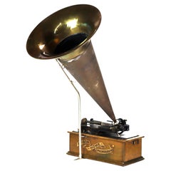 Antique Edison Home Oak Phonograph With Metal Horn Signed C1900