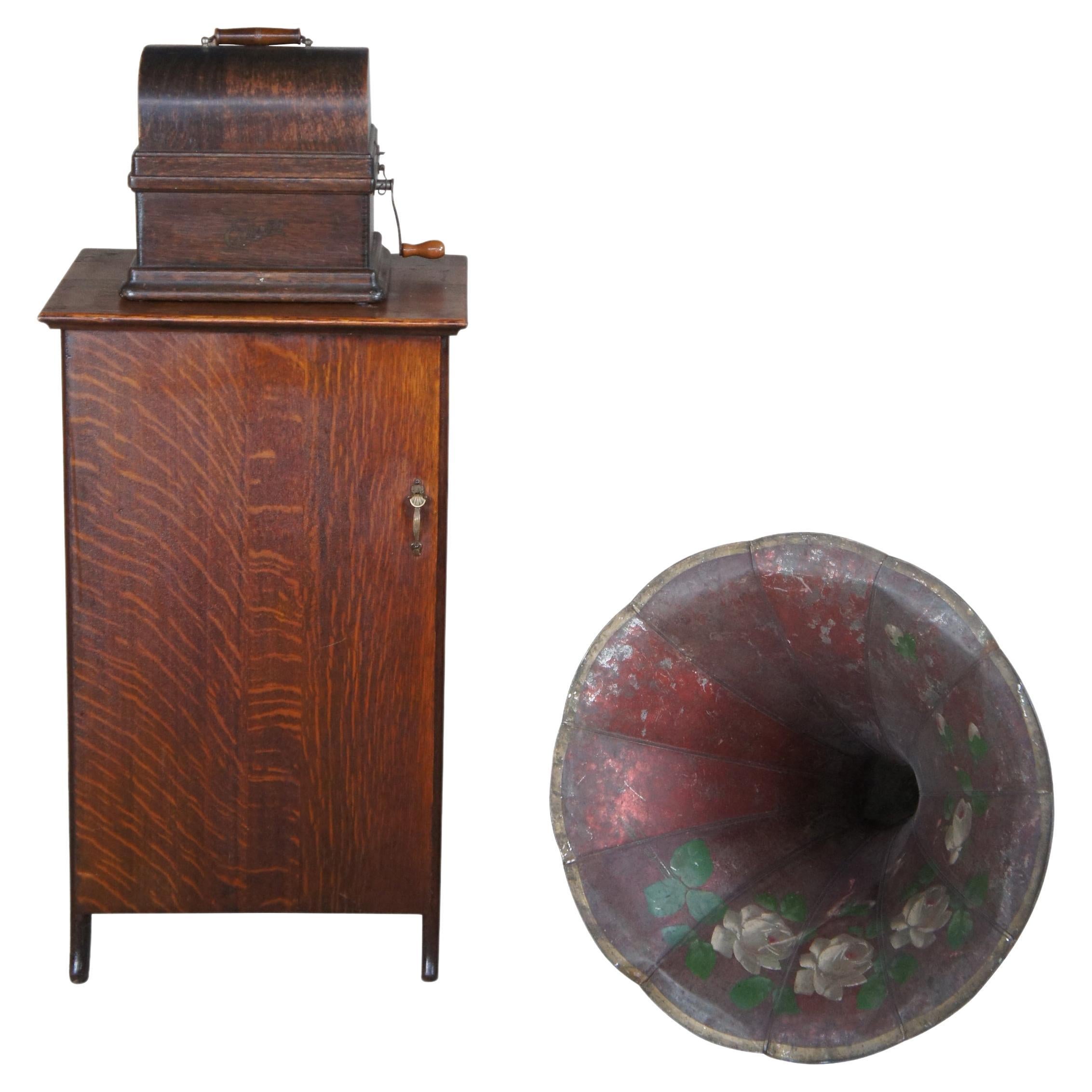 Antike Edison Modell A Cylinder Phonograph & Kabinett W / 93 Record Musik Röhren  im Angebot