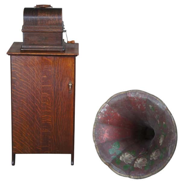 Phonograph Model Antique Edison Model A Cylinder Phonograph and Cabinet W/ 93 Record ...