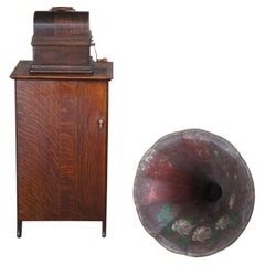 Antike Edison Modell A Cylinder Phonograph & Kabinett W / 93 Record Musik Röhren 
