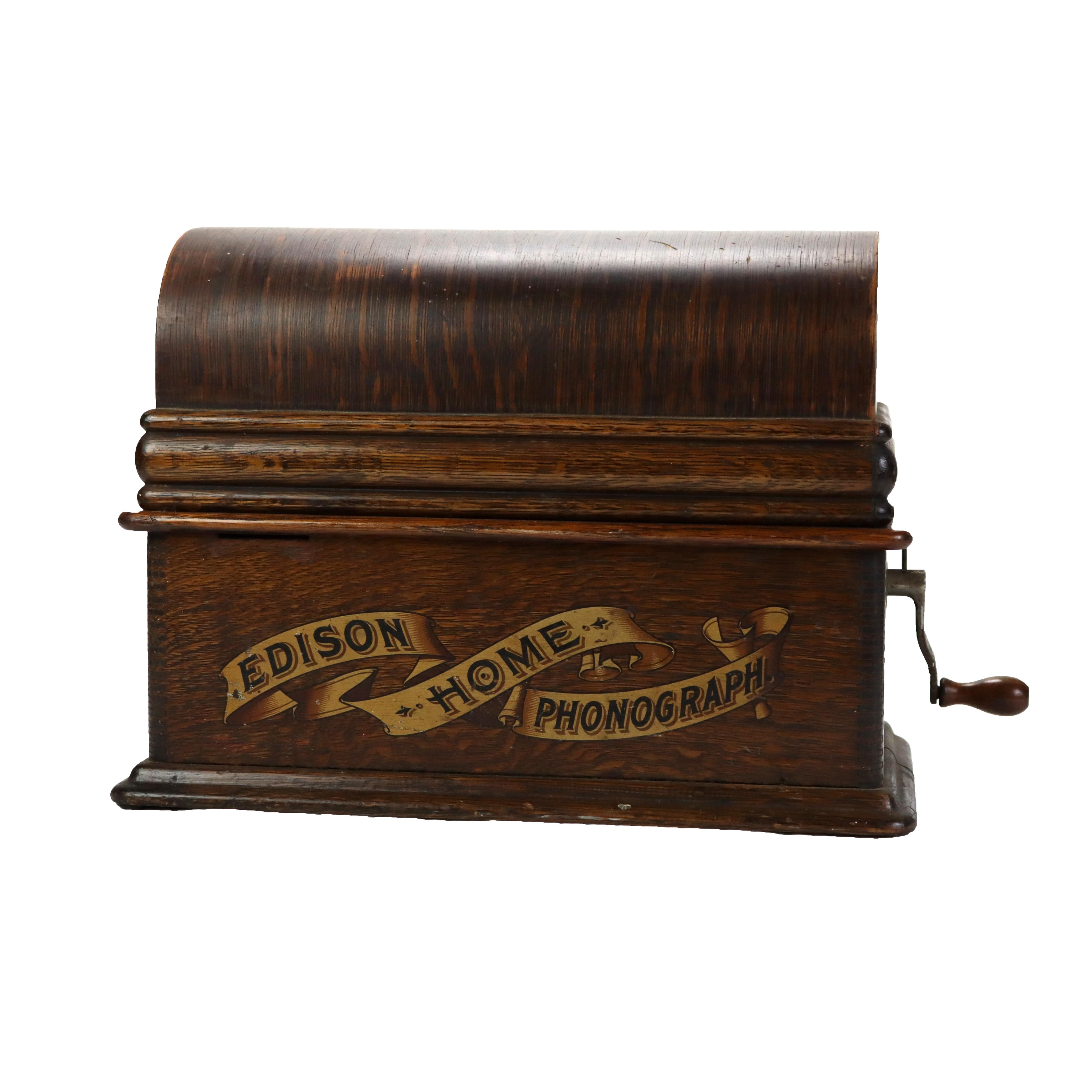 Phonographe ancien à cylindre en chêne, modèle domestique, signé C1910, numéro de série H167426 (12