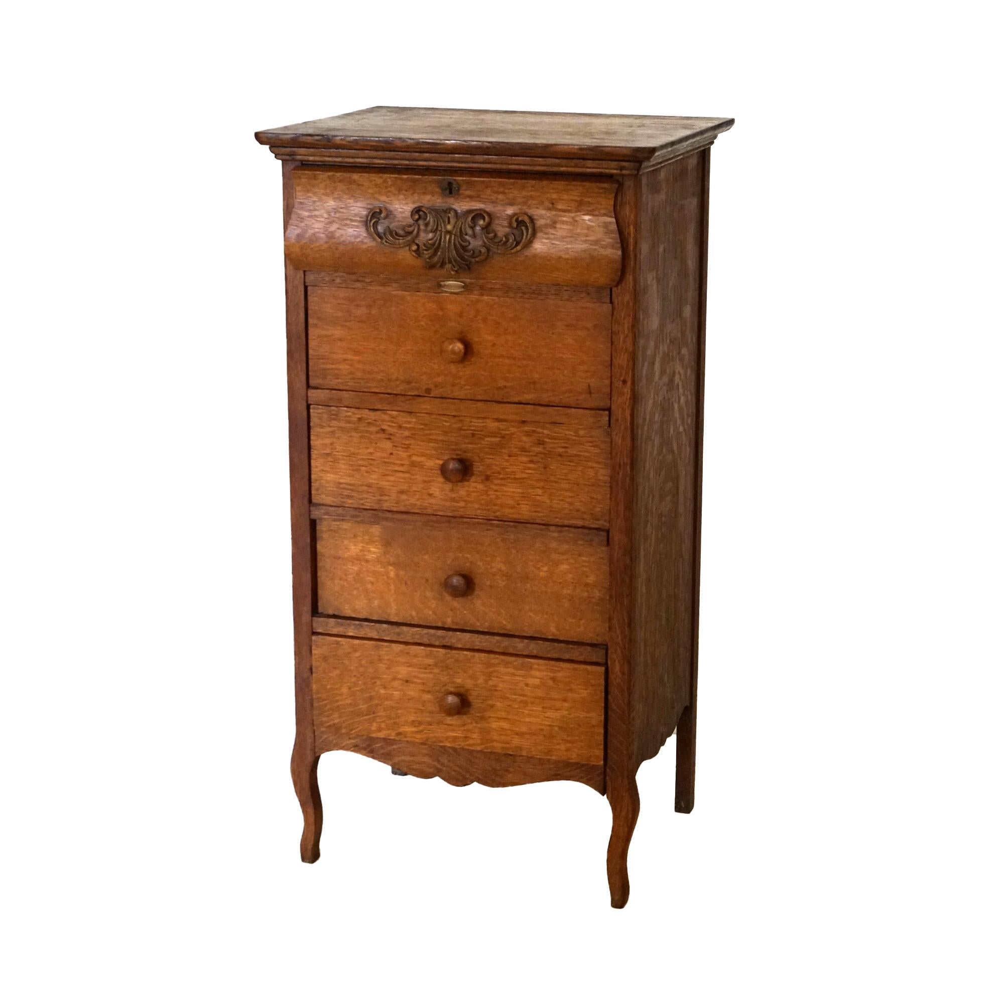 American Antique Edison Phonograph Cylinder Five-Drawer Oak Cabinet C1910