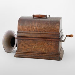 Antique Edison Standard Oak Cylinder Phonograph With Metal Horn Signed