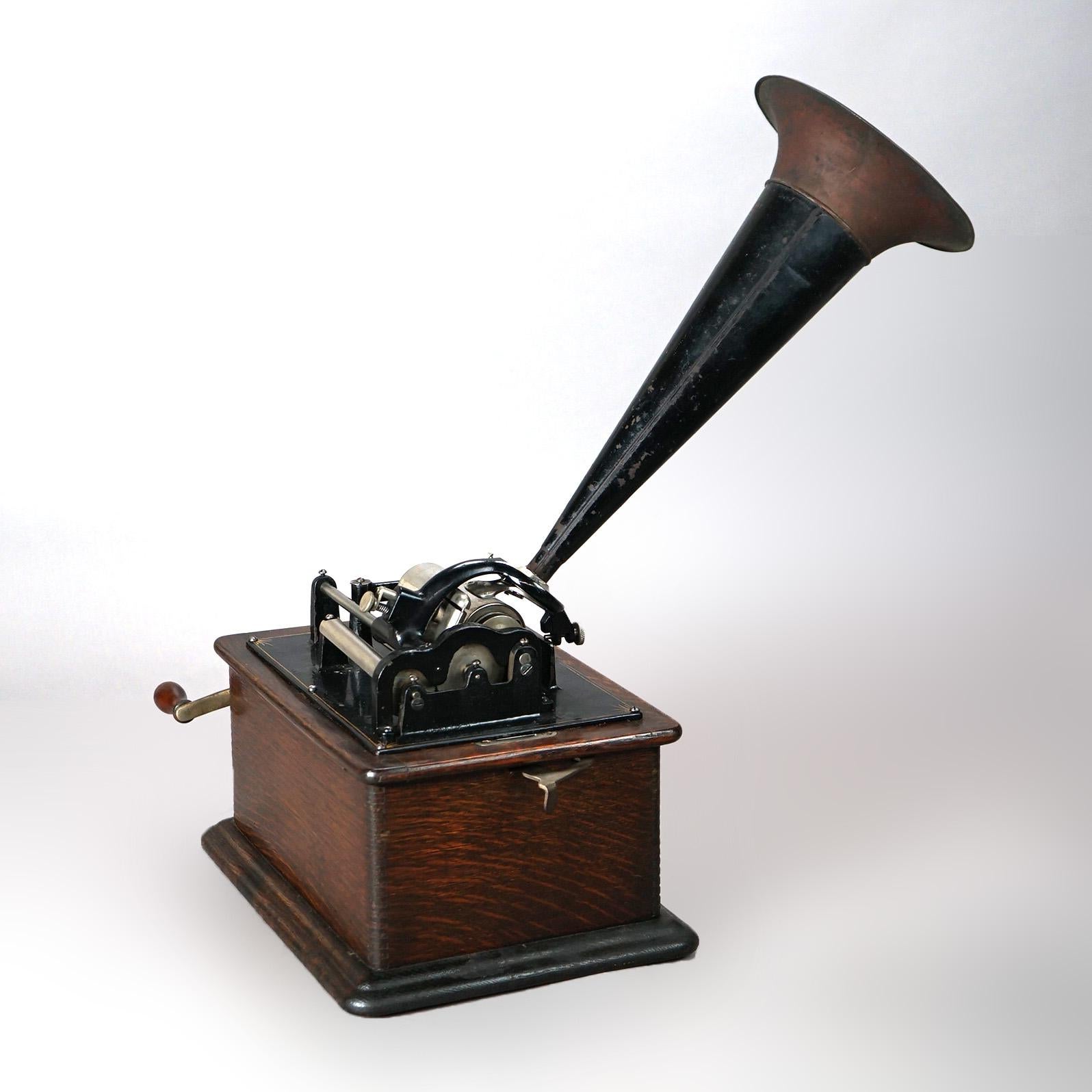 Antique Edison Standard Oak Cylinder Phonograph, Working, c1905 1