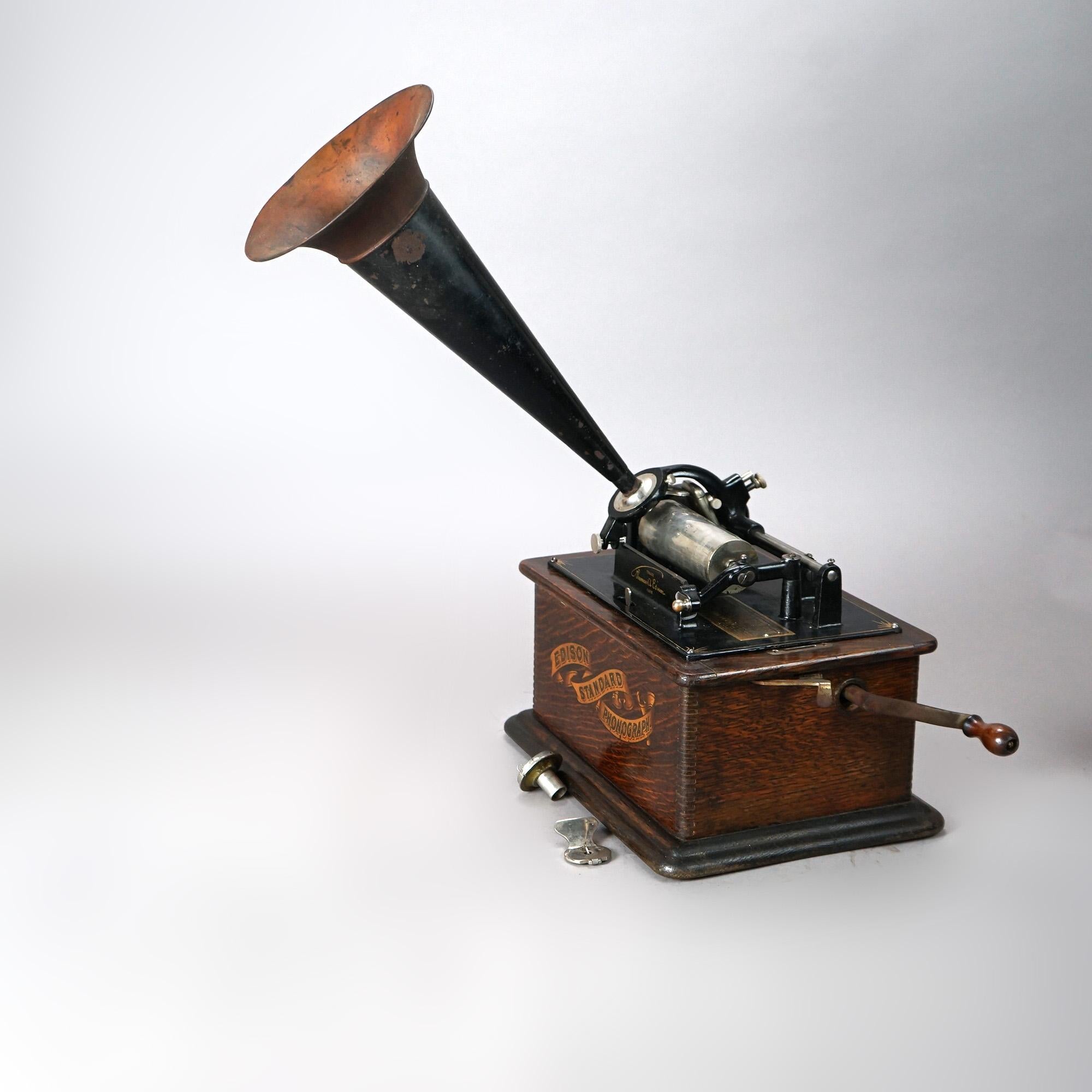 Victorian Antique Edison Standard Oak Cylinder Phonograph, Working, c1905