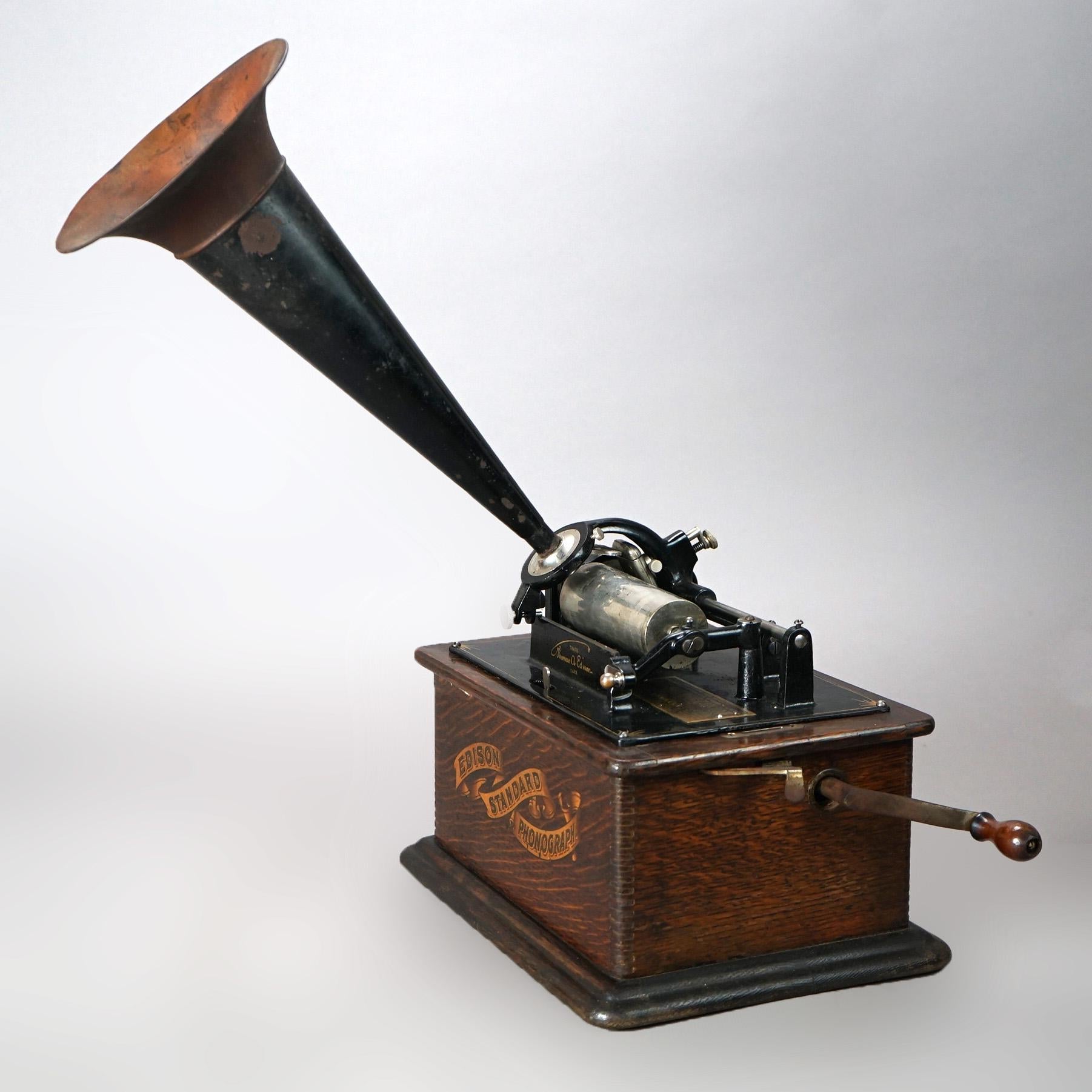 American Antique Edison Standard Oak Cylinder Phonograph, Working, c1905