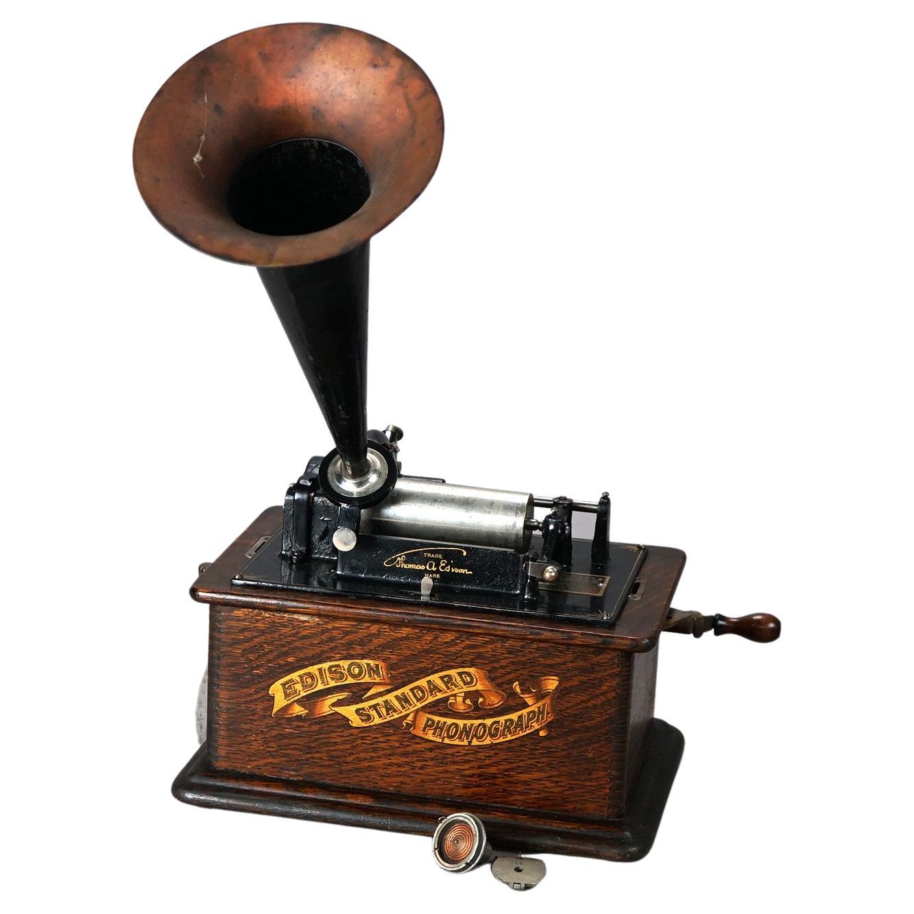 Antique Edison Standard Oak Cylinder Phonograph, Working, c1905