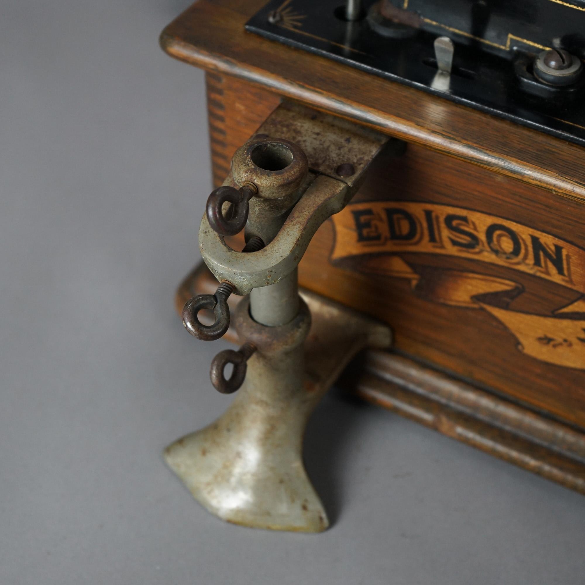 American Antique Edison Standard Oak Phonograph with Exterior Horn, Working, c1905