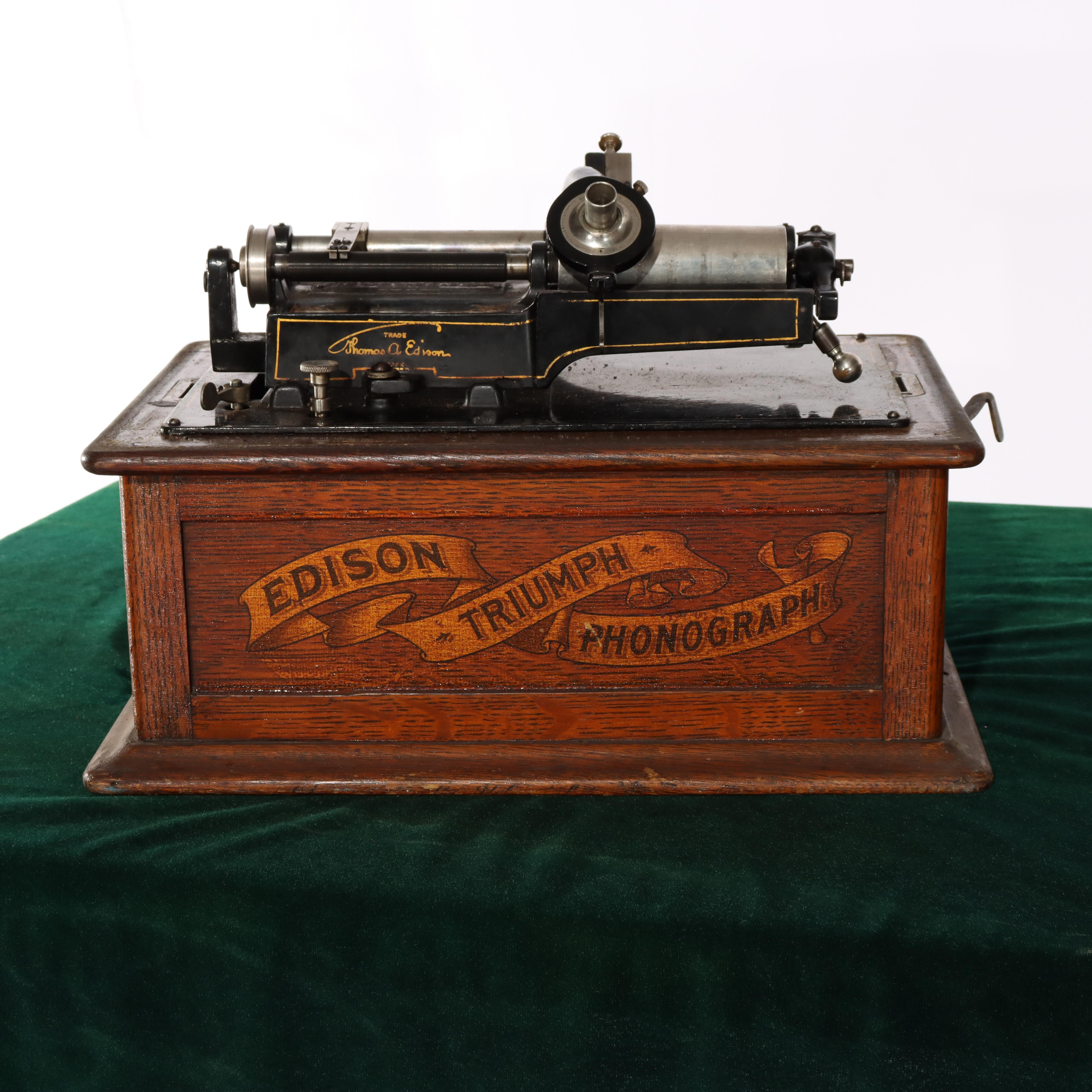Antike Edison Triumph Zylinder Phonograph mit Horn und 78 Zylindern, um 1920 3
